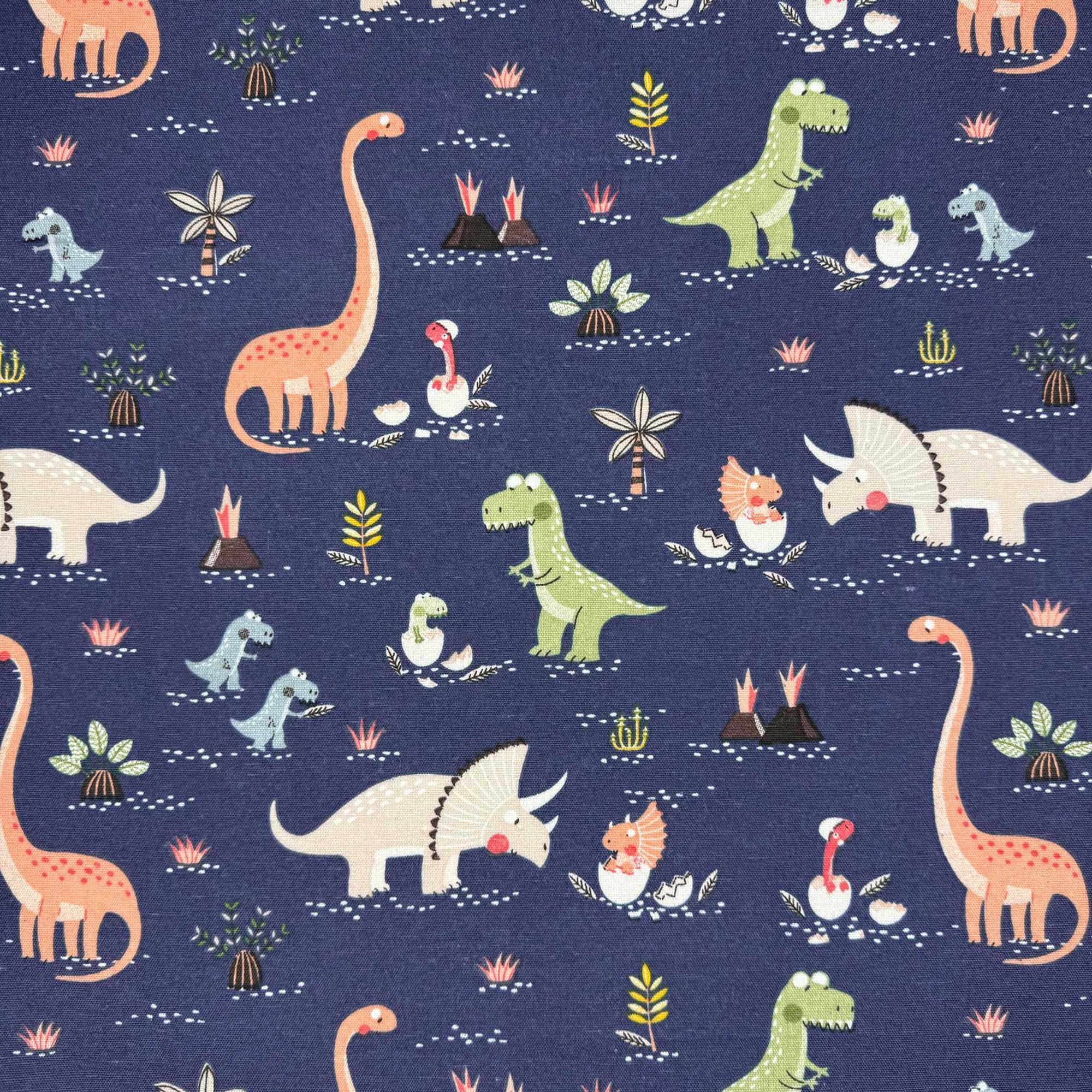 Novelty Designer Prints Cotton Rich Linen Look Quilting Craft Project Cushion Curtain Furnishing Upholstery Home Fabric Material | 55" - 140 cm Wide (per Half Metre, Dino World Navy Blue)