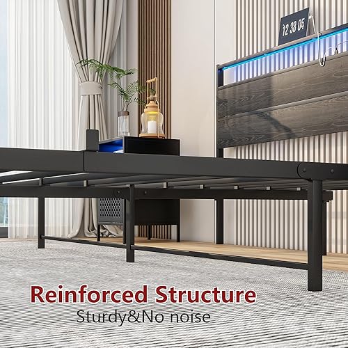 Miniatura 6 de Base de cama de tamaño King con cabecera de almacenamiento/luces LED, base de cama King con estación de carga, marco de cama negro, no necesita