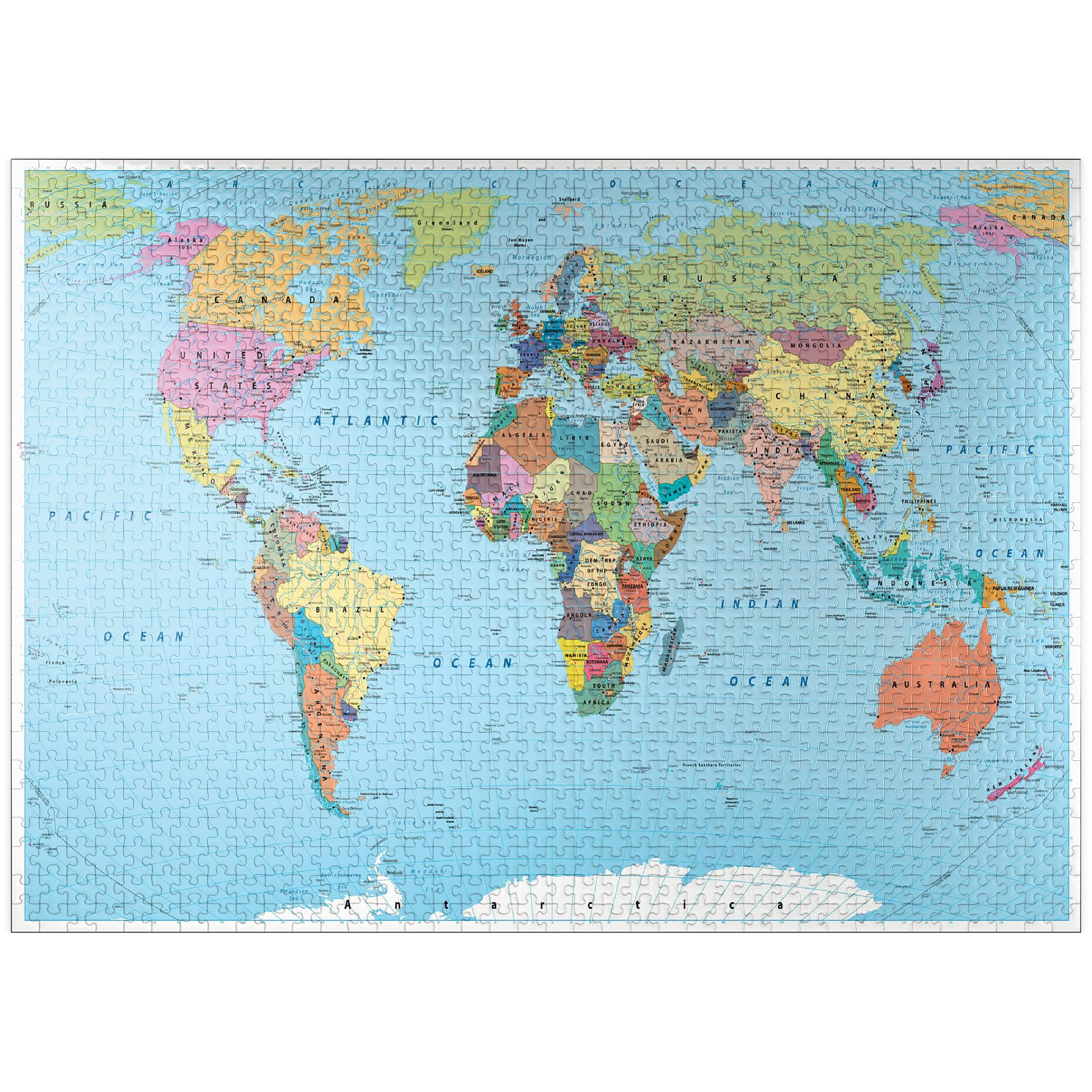 Carte du monde en couleur - Frontières, pays, routes et villes - Puzzle de 1000 pièces de qualité supérieure pour adultes