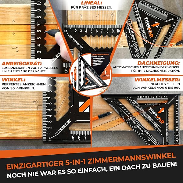 THORVALD Zimmermannswinkel 7-in-1 Set 300 mm + 180 mm Winkelmesser Anschlagwinkel - Inkl. Tieflochmarker - Aluminiumwinkel zum präzisen Anreißen & Zeichnen/Multifunktional Perfekt um Zeit zu sparen - 3