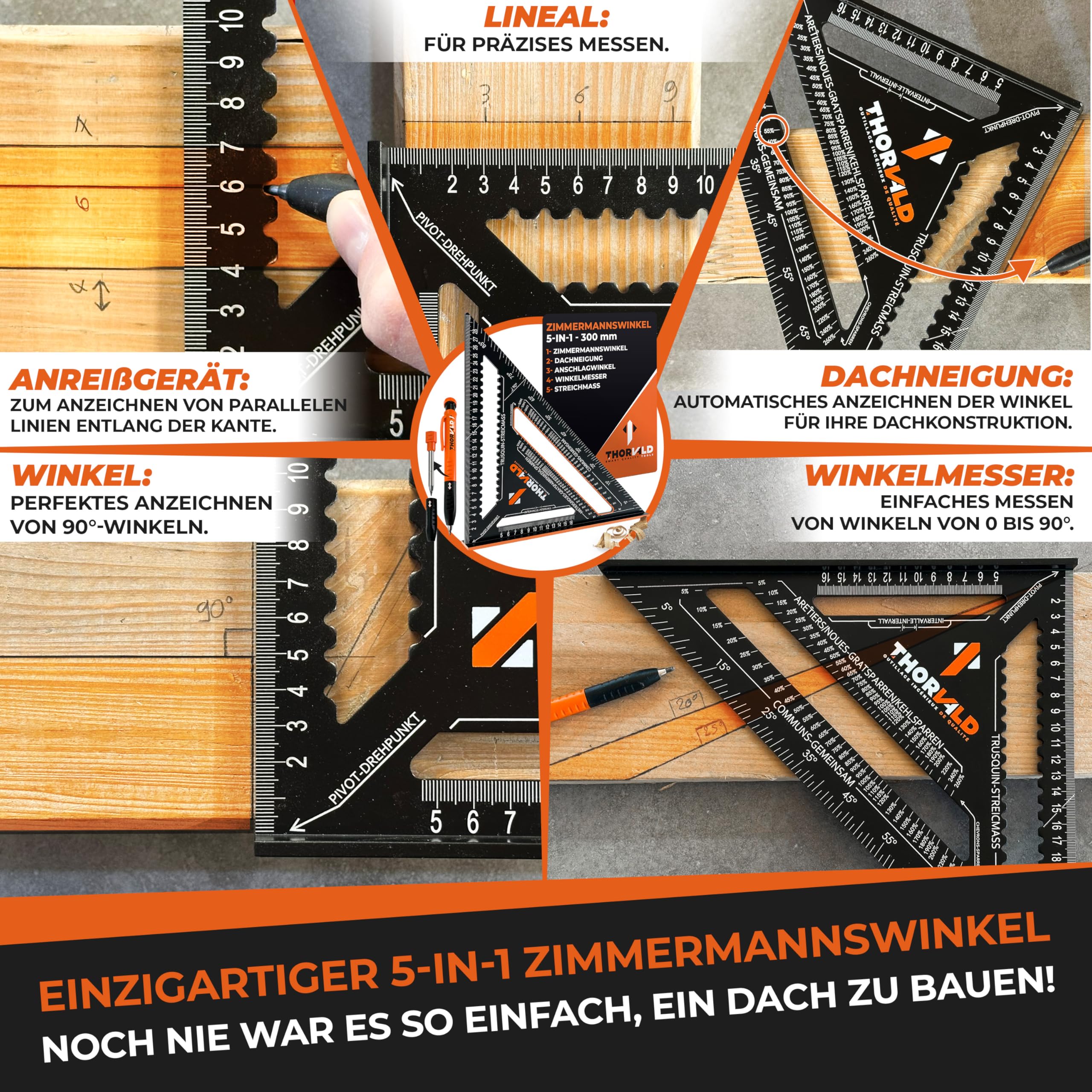 THORVALD Zimmermannswinkel 7-in-1 Set 300 mm + 180 mm Winkelmesser Anschlagwinkel - Inkl. Tieflochmarker - Aluminiumwinkel zum präzisen Anreißen & Zeichnen/Multifunktional Perfekt um Zeit zu sparen