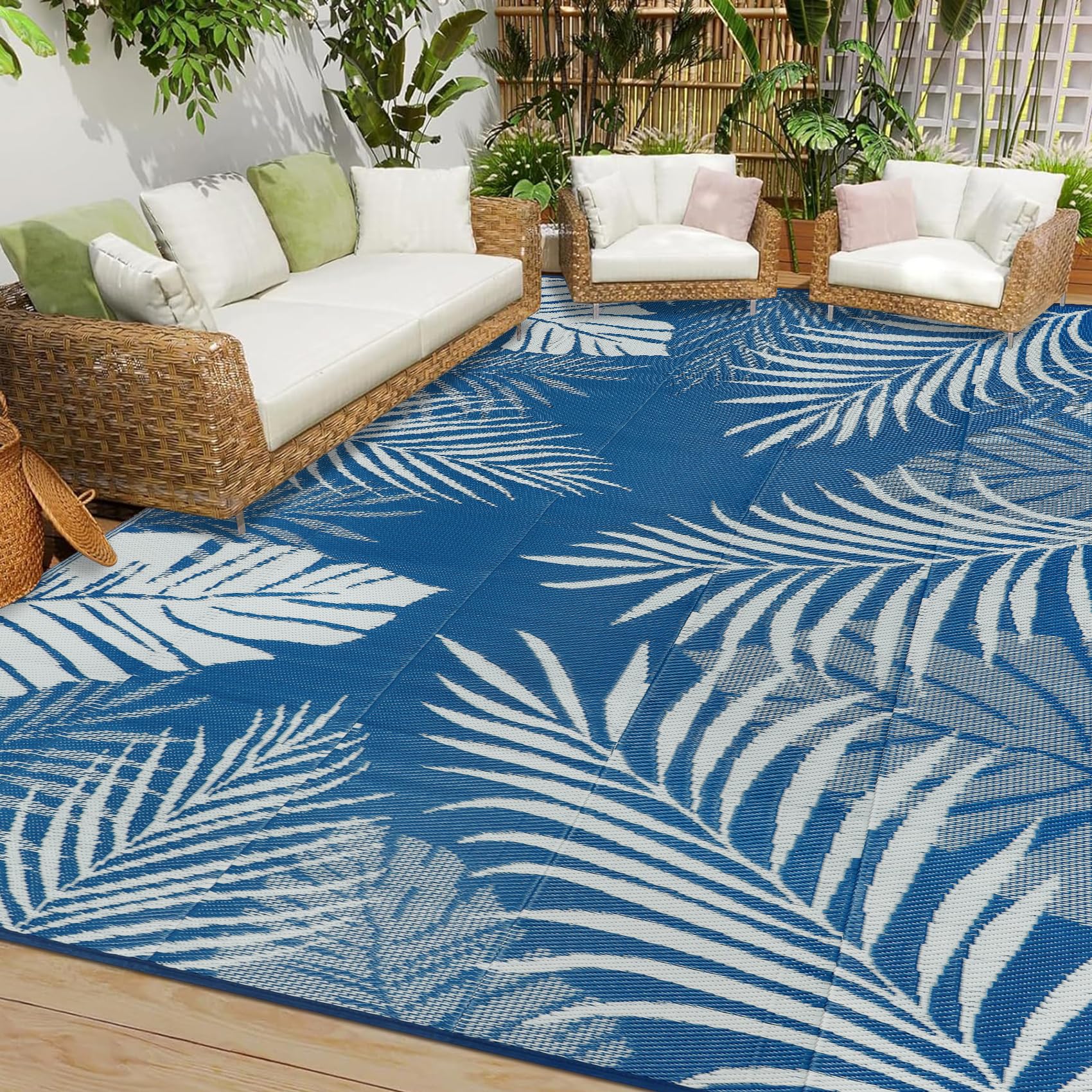 Cekene Outdoor Rugs 6’x9’ Waterproof Outdoor Patio Rug Blue Reversible Mats Lightweight Plastic Straw Rug with Carry Bag Portable RV Camping Mat