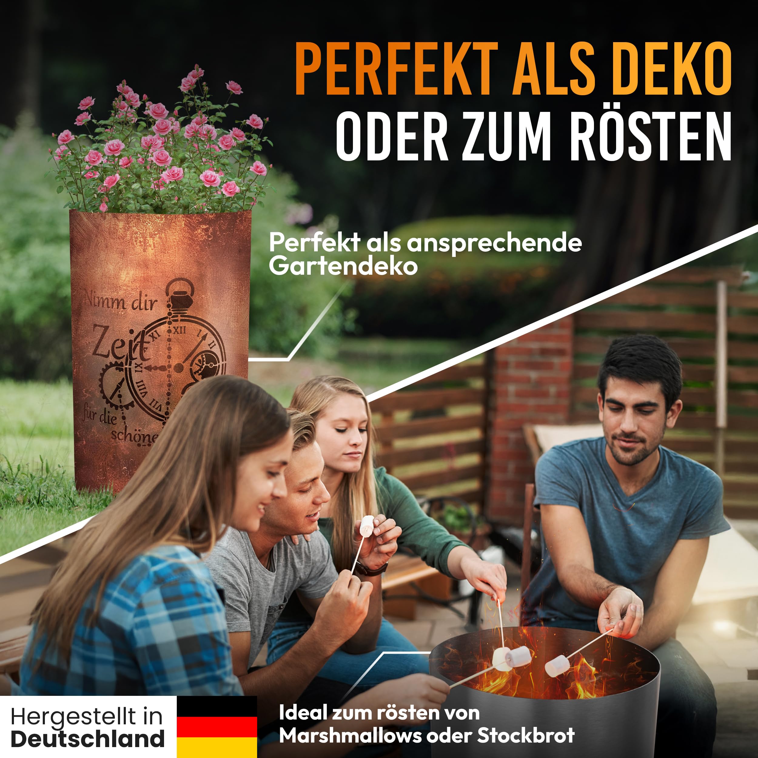 TiKo-Design® Feuertonne Feuerkorb mit Zeit Motiv – Nimm dir Zeit