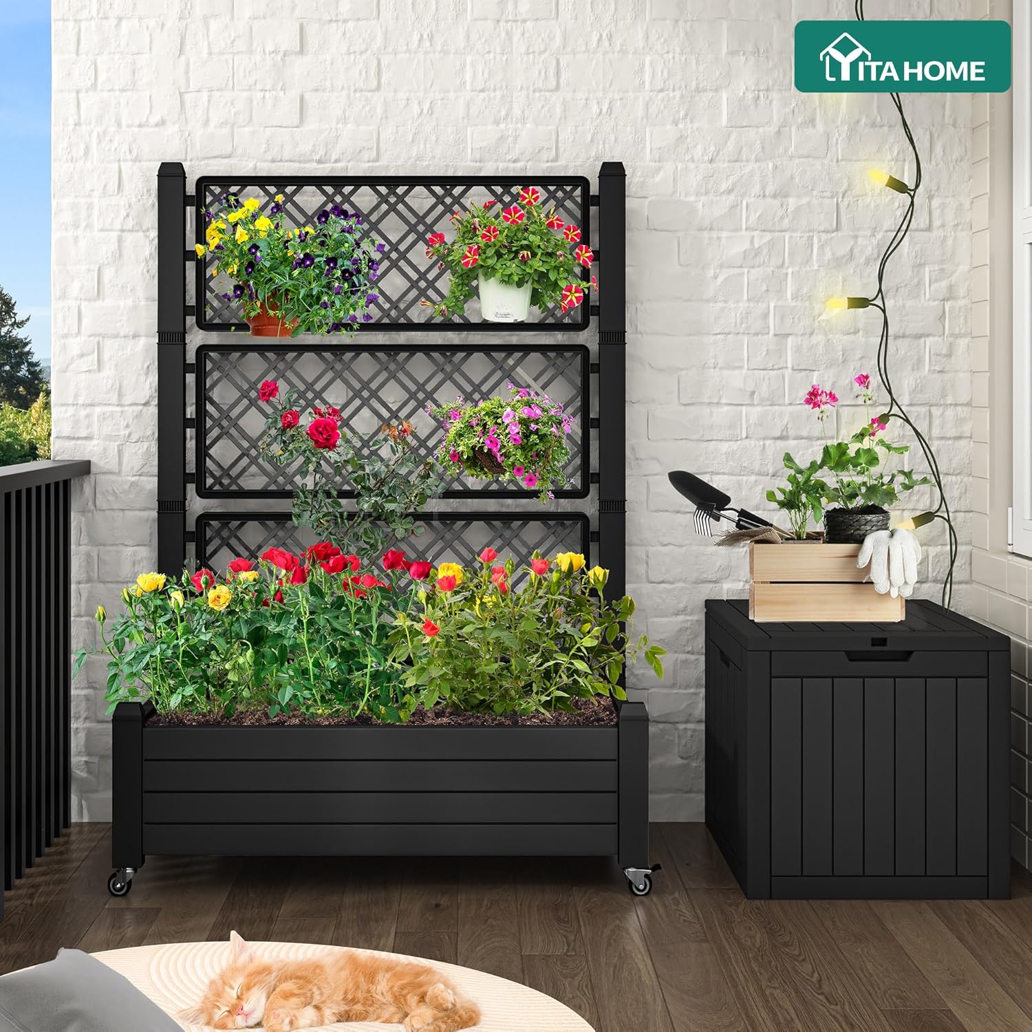 YITAHOME 43.3x17.7x61 in Planter Trellis Box with Wheels & Drain Plug, Outdoor Resin Raised Garden Bed for Climbing Plants, Large Weather-Resistant Design, Black