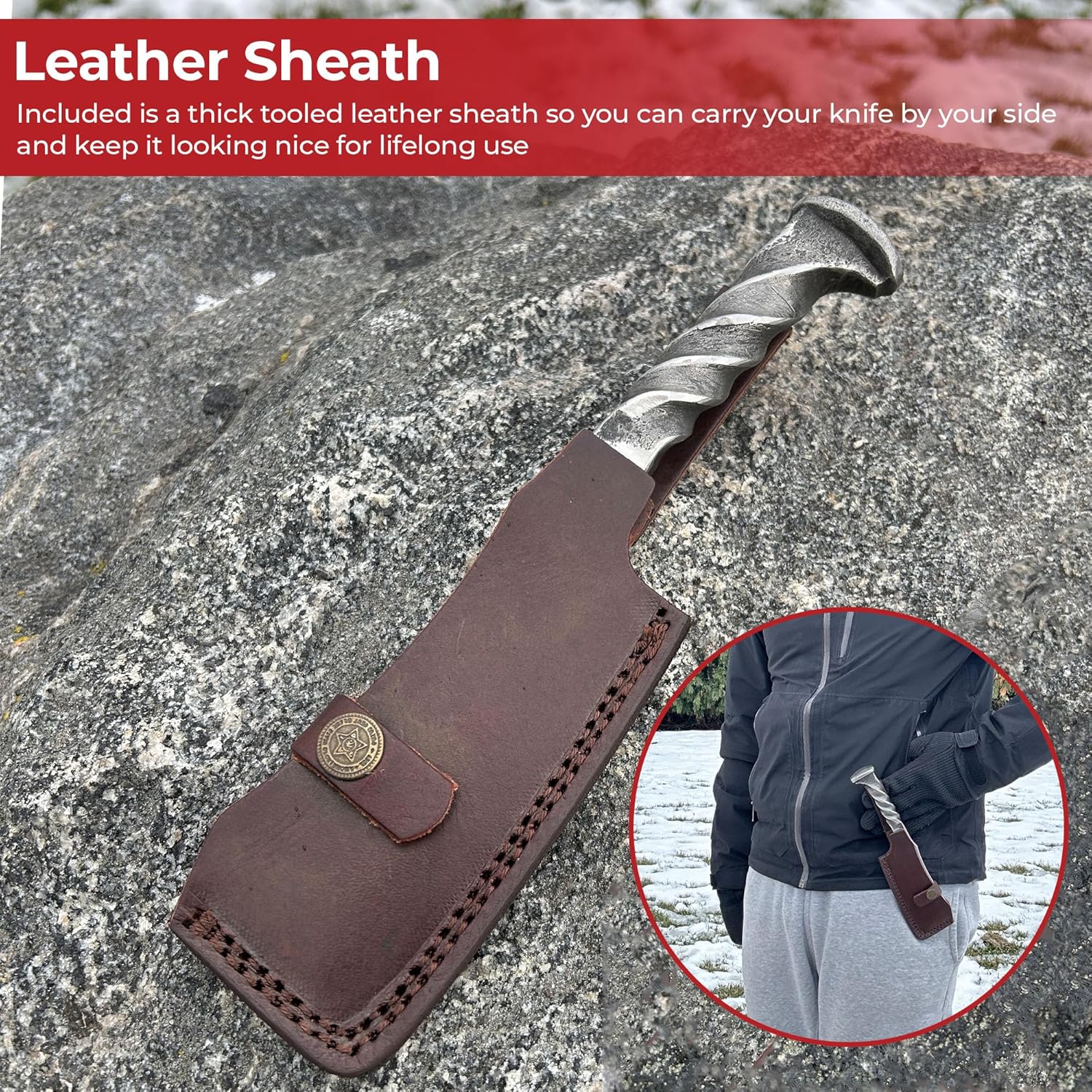 MedievalDepot The Butcher Locomotive Railroad Spike Cleaver Knife – Overall 9” - Hand Forged from Real Railroad Spike, Razor-Sharp Cleaver Blade, Twisted Handle Design, Includes Leather Sheath