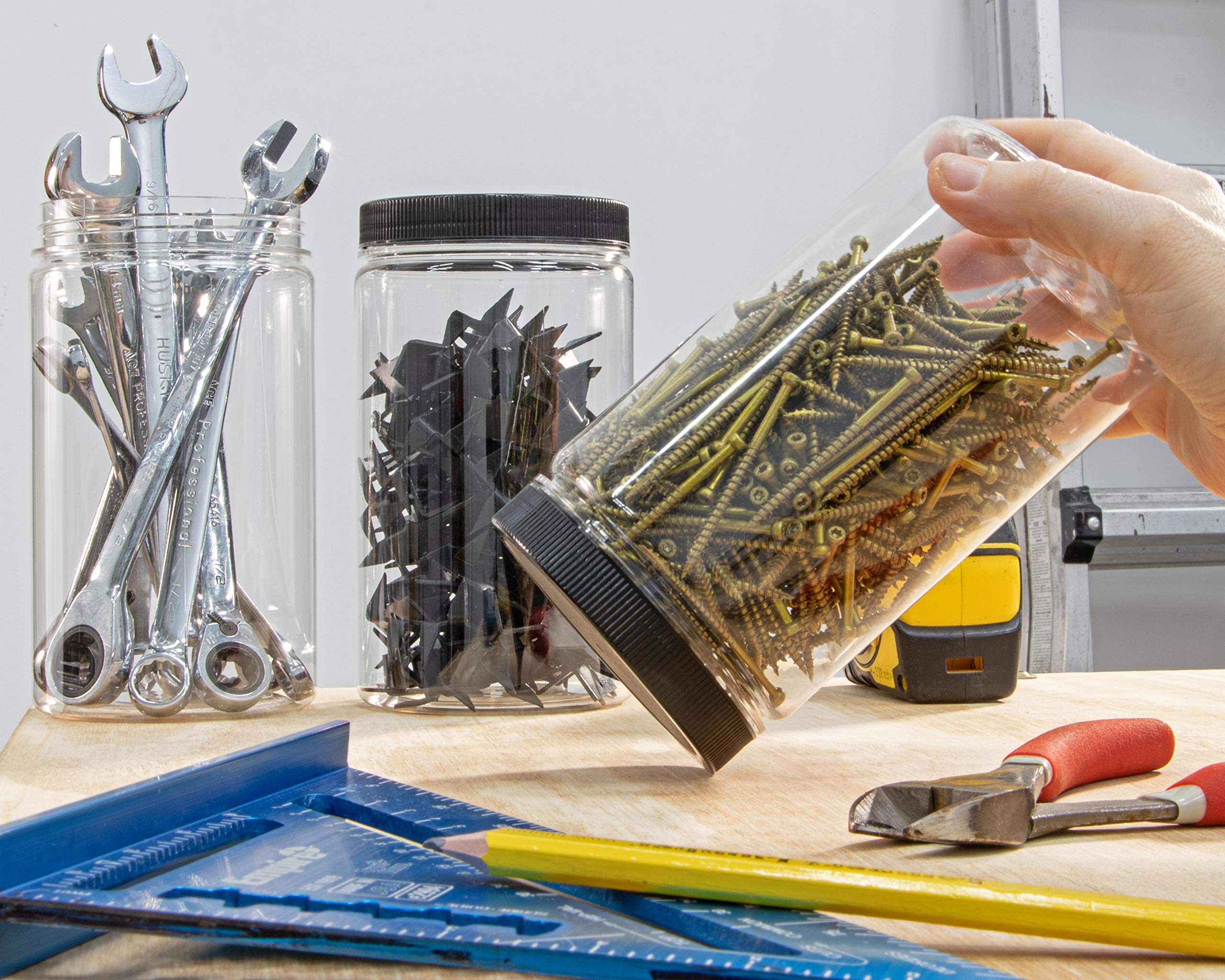 Amazon｜32オンス クリアプラスチックジャー ブラックリブ蓋付き 6個 