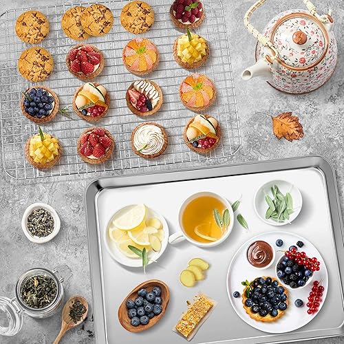 Miniatura 6 de P&P CHEF Juego de bandejas para hornear con estante, bandeja de media hoja de 17.5 pulgadas y estante de enfriamiento, bandeja de galletas de acero