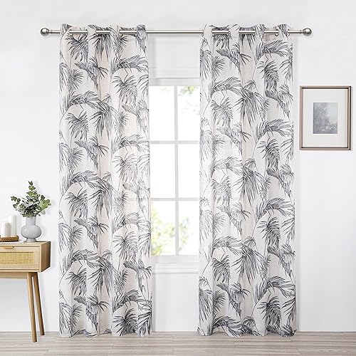 Miniatura 2 de MYSKY HOME Cortinas de lino para sala de estar, patrón de hojas, semitransparentes, cortinas verticales, decoración de estilo hawaiano, textura para