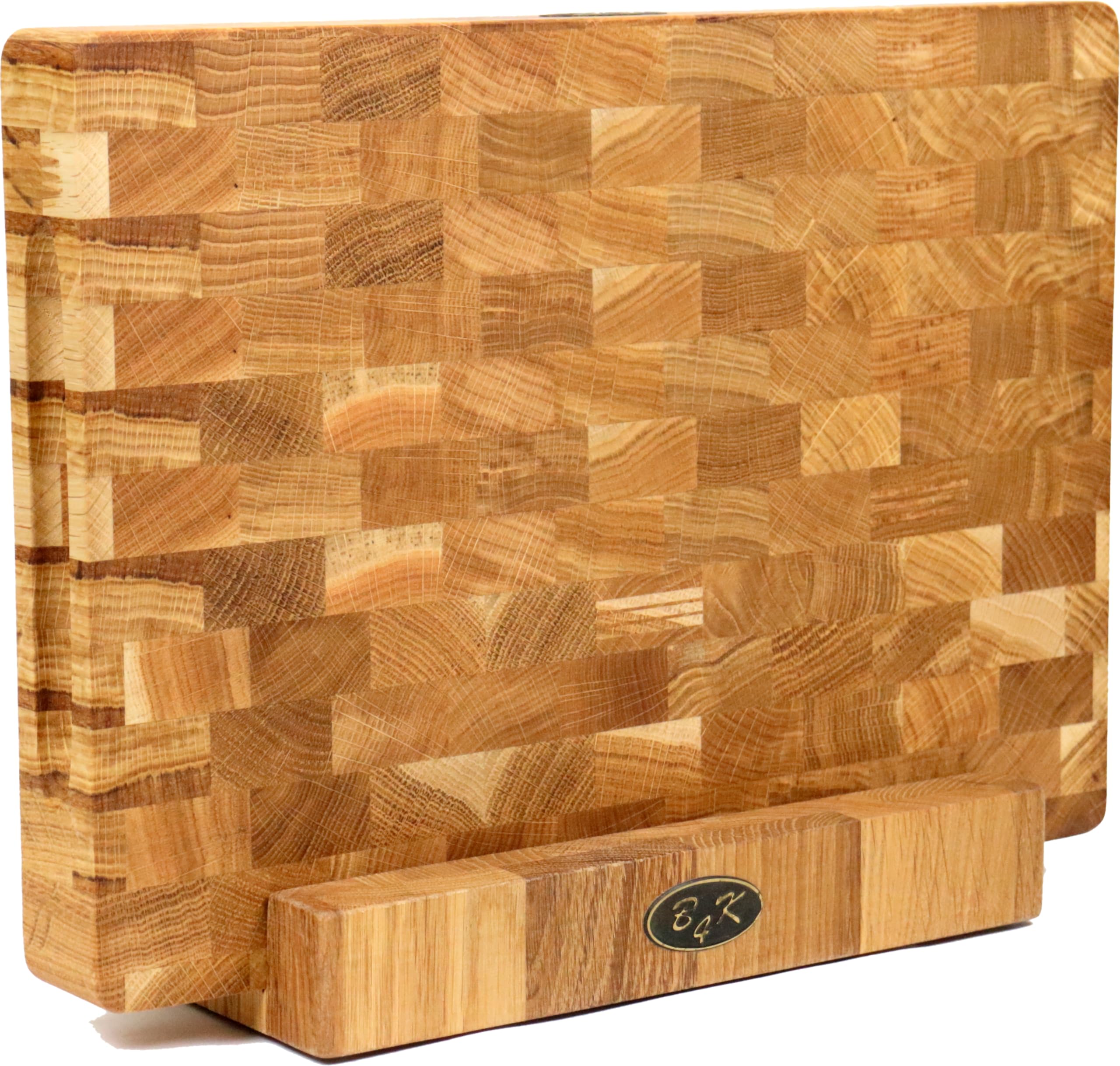 B4K® Schneidebrett mit Ständer aus Eiche Stirnholz 35 × 25 × 4 cm – Massiver Hackblock | Antibakterielles Hirnholzbrett mit Griffen & Silikonfüßen | Perfekt für Küche, Fleisch & BBQ