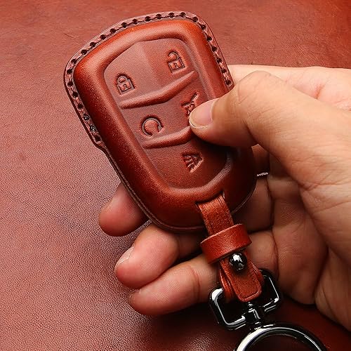 Miniatura 5 de Tukellen Funda de cuero para llavero Cadillac con llavero de cuero, protección completa de 360 grados, compatible con Cadillac Escalade CTS SRX XT5
