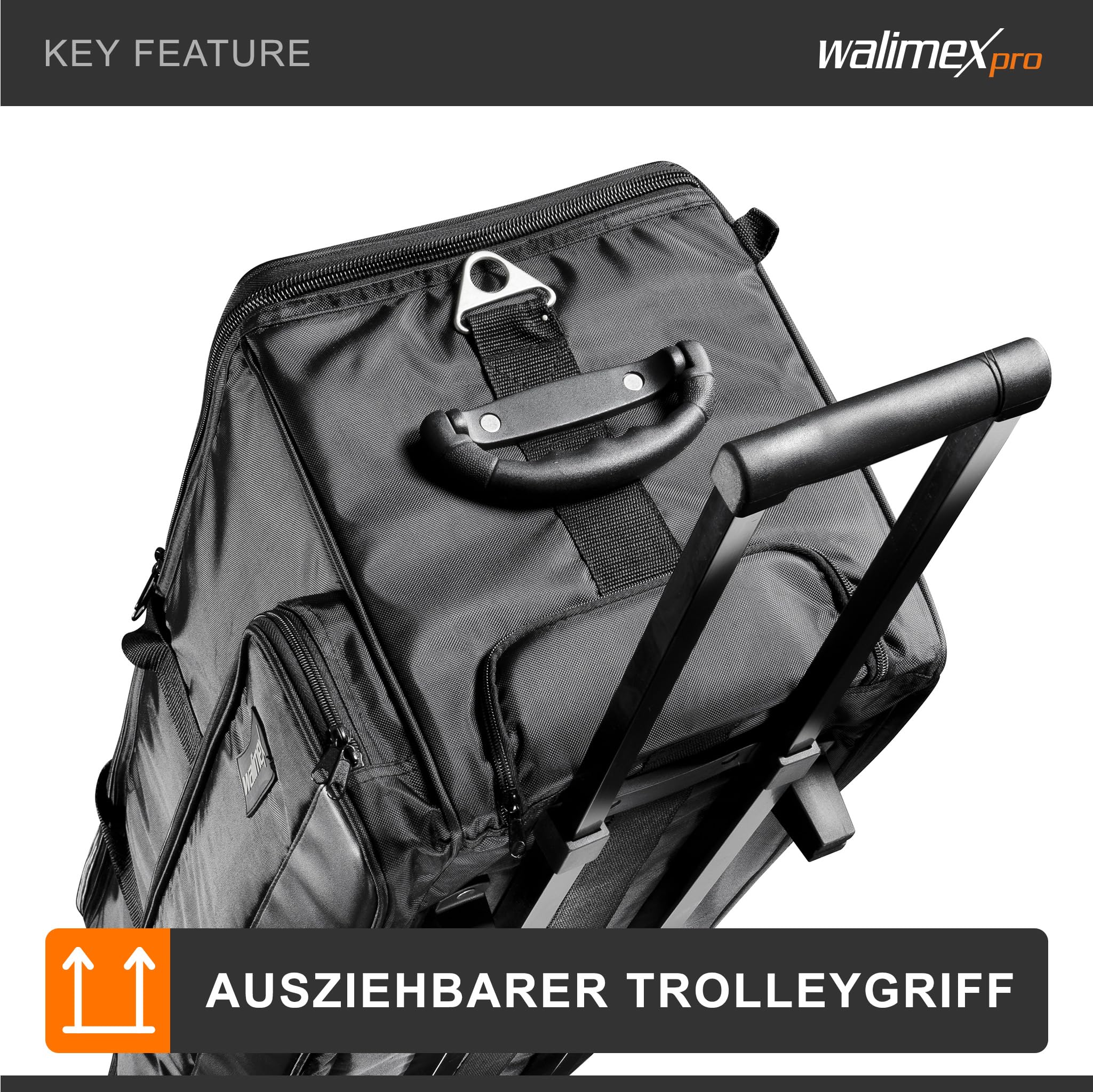 Walimex Pro Studio-Trolley XL – schwarz – 1027 x 379 x 324 mm – inkl. ausziehbaren Trolleygriffs, gepolsterten Schultergurts, variabler Inneneinteilung, Hartgummiräder – Stativtasche, Kameratasche