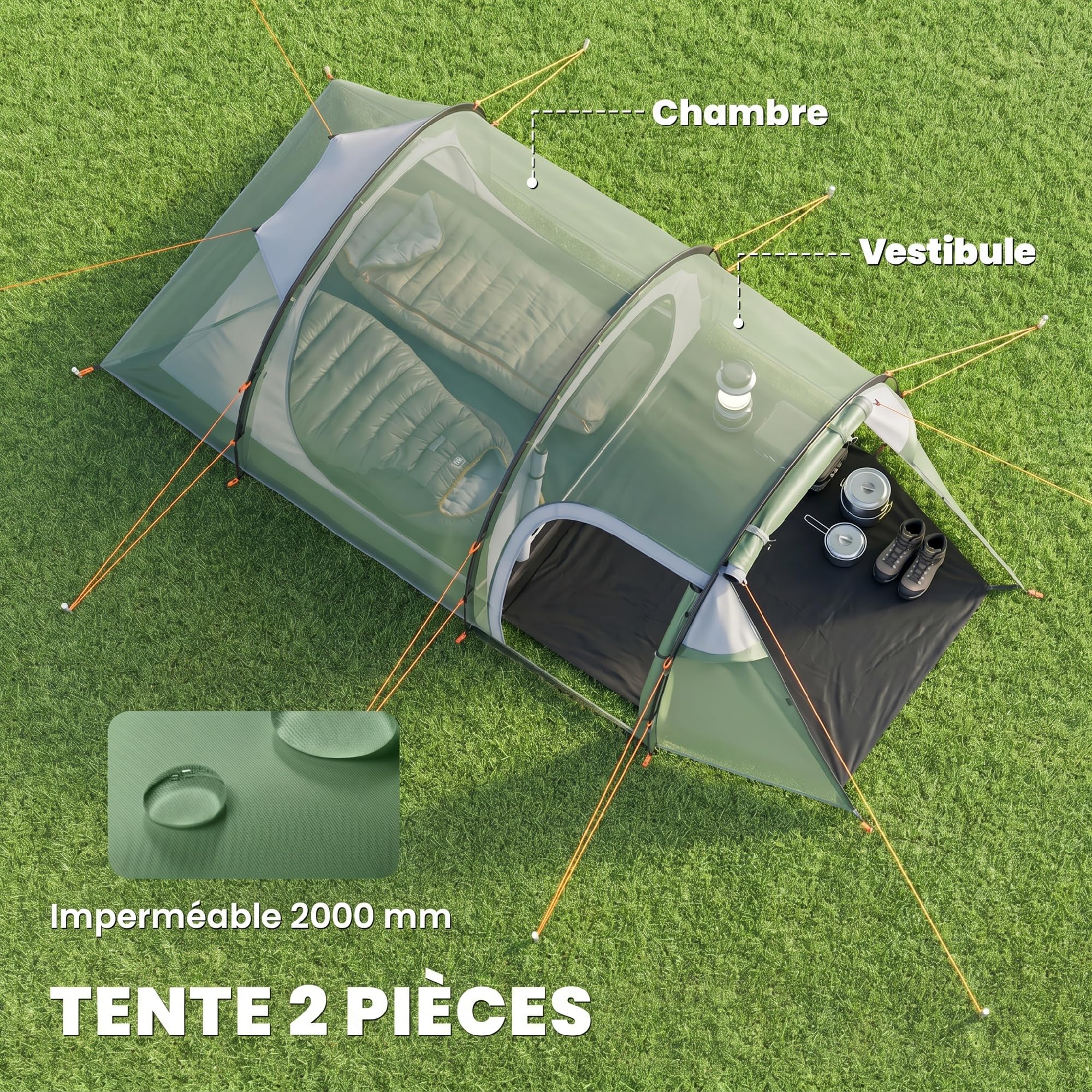 Outsunny Tenda da campeggio per famiglie per 2 persone, tenda a tunnel ventilata, facile da montare, camera da letto, soggiorno, 3 porte, finestre, 4,26 x 2,06 x 1,54 m, fibra di vetro poliestere PE