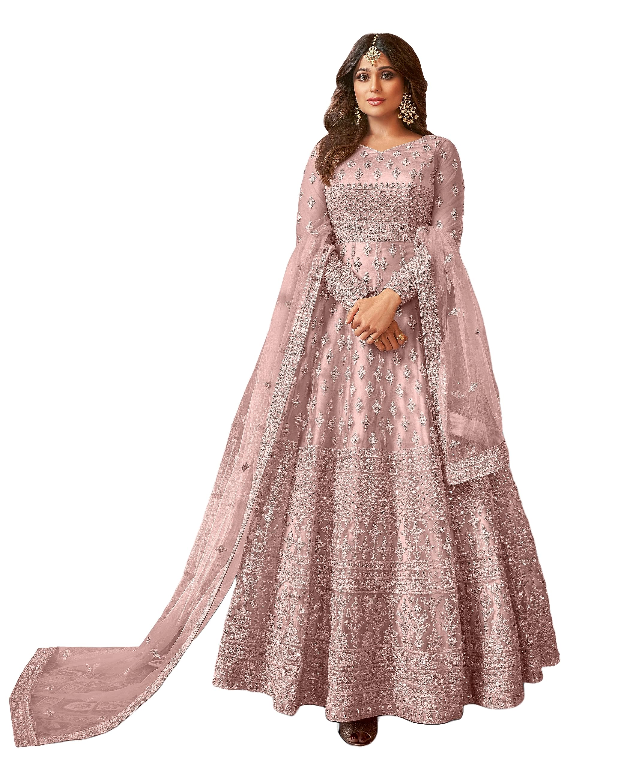 Women's Net Semi Stitched Gown Top With Satin Silk Fabric Bottom & Net Dupatta Embroidered Anarkali Dress