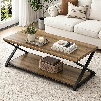 47 Inch Coffee Table with Storage, 2 Tier Rectangle Coffee Table, Industrial Wood and Metal Center Table for Living Room, Rustic Brown Finish