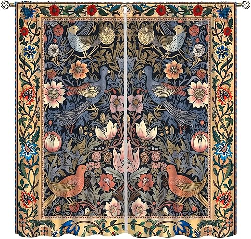 Cortinas bohemias William Morris con estampado de pájaro retro con estampado de animales, para dormitorio, sala de estar, 2 paneles, 42 x 63