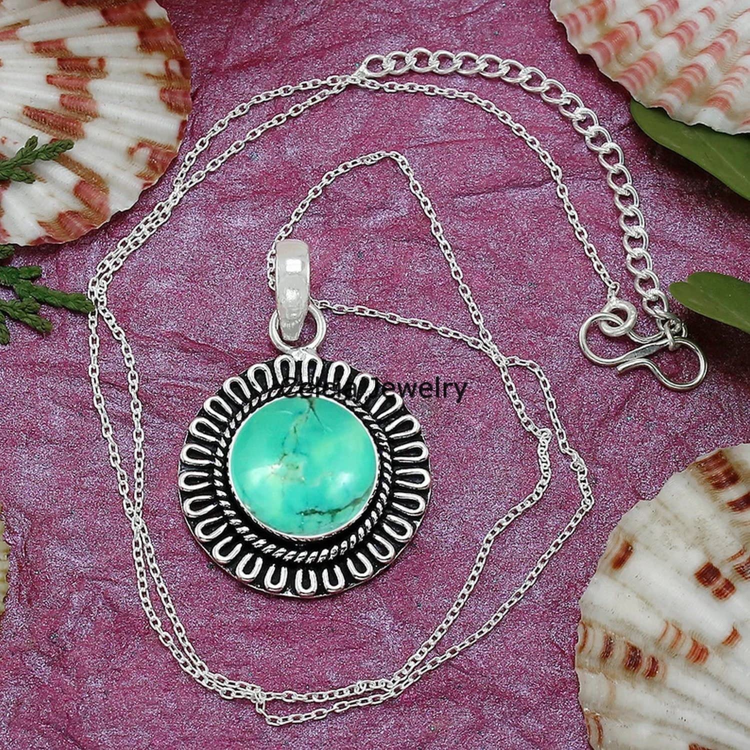 Collana in argento sterling 925 massiccio per donna, pietra preziosa turchese blu tonda genuina, regalo unico fatto a mano con pietra natale di dicembre per lei