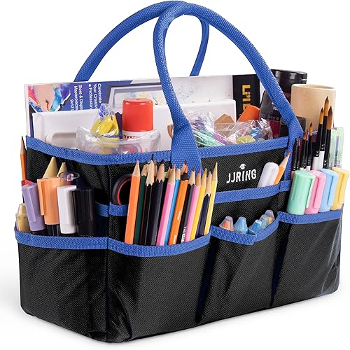 JJRING Bolsa organizadora de manualidades y arte, organizador de tela de nailon azul 600D con bolsillos, para almacenamiento de suministros de arte,