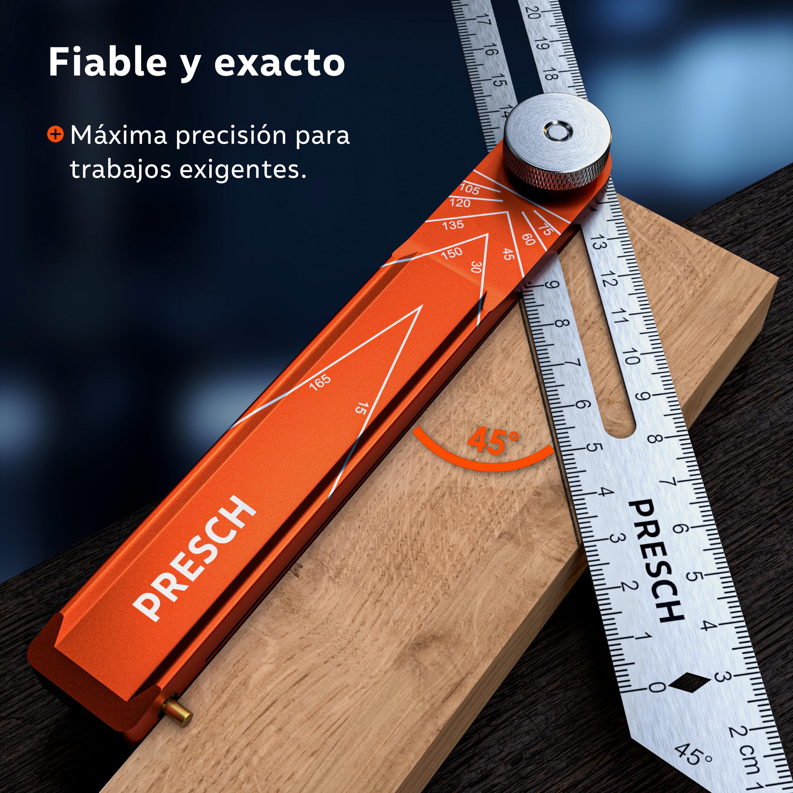 Presch Falsa Escuadra incl. regla adicional - 190mm & 270mm - Transferir ángulos de extrema precisión - Regla con función trazado fabricada en aluminio mecanizado con precisión y acero inoxidable