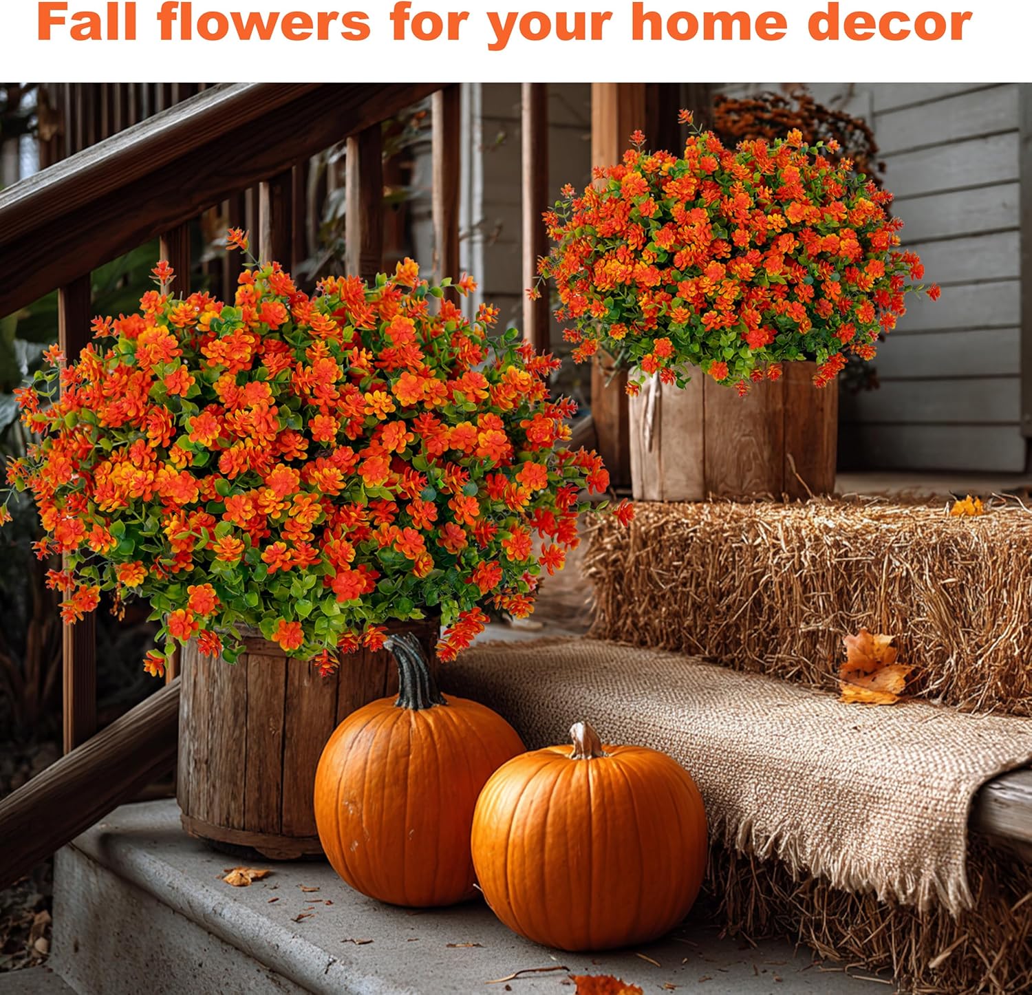 Artificial Fall Flowers Outdoor Fake Mums - 12 Bundles Fake Plants UV Resistant No Fade Faux Plastic Greenery Garden Porch Patio Fall Home Decor (Red Orange) - Image 7