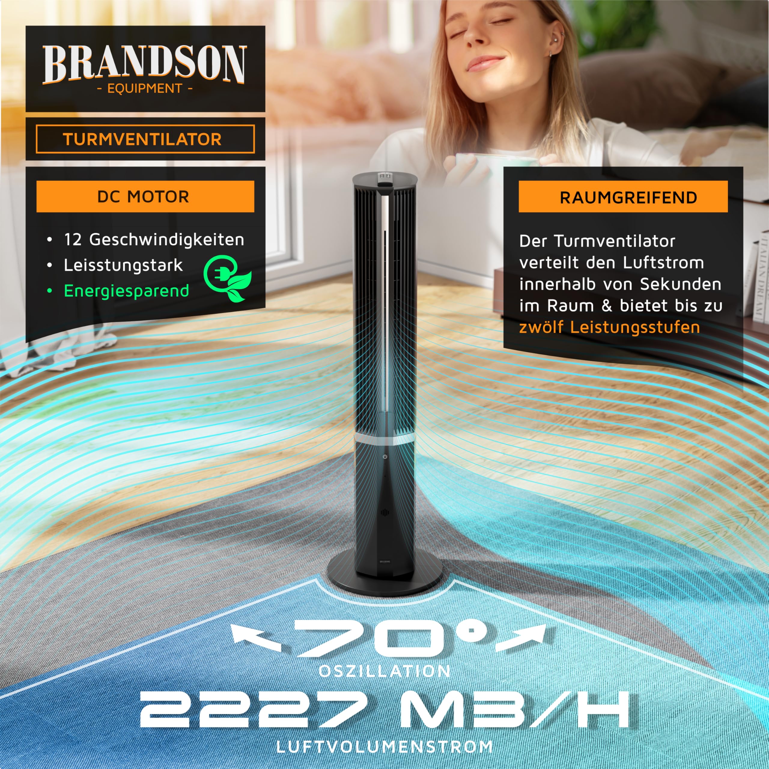 Brandson - Turmventilator mit Wasserkühlung – Preisträger 2026 - Luftkühler inkl. Luftbefeuchter - DC-Motor sehr leise – 12 Geschwindigkeiten - Fernbedienung