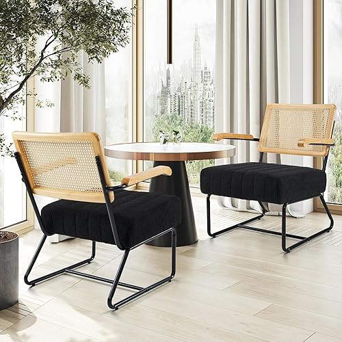 Miniatura 3 de Fahomiss Sillas decorativas  Sillas de sala de estar, estilo moderno de mediados de siglo, respaldo de ratán de malla transpirable, asiento de