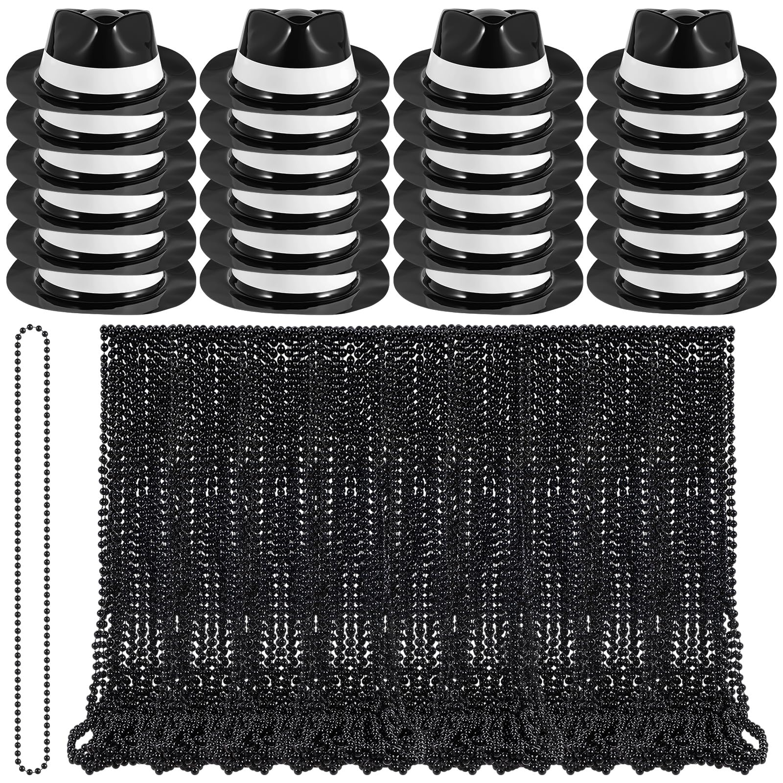 Landical 120 Pcs Mardi Gras Black Bead Necklace and 24 Pcs Gangster Gentleman Hats, 1920s Black Party Favors Hats 32