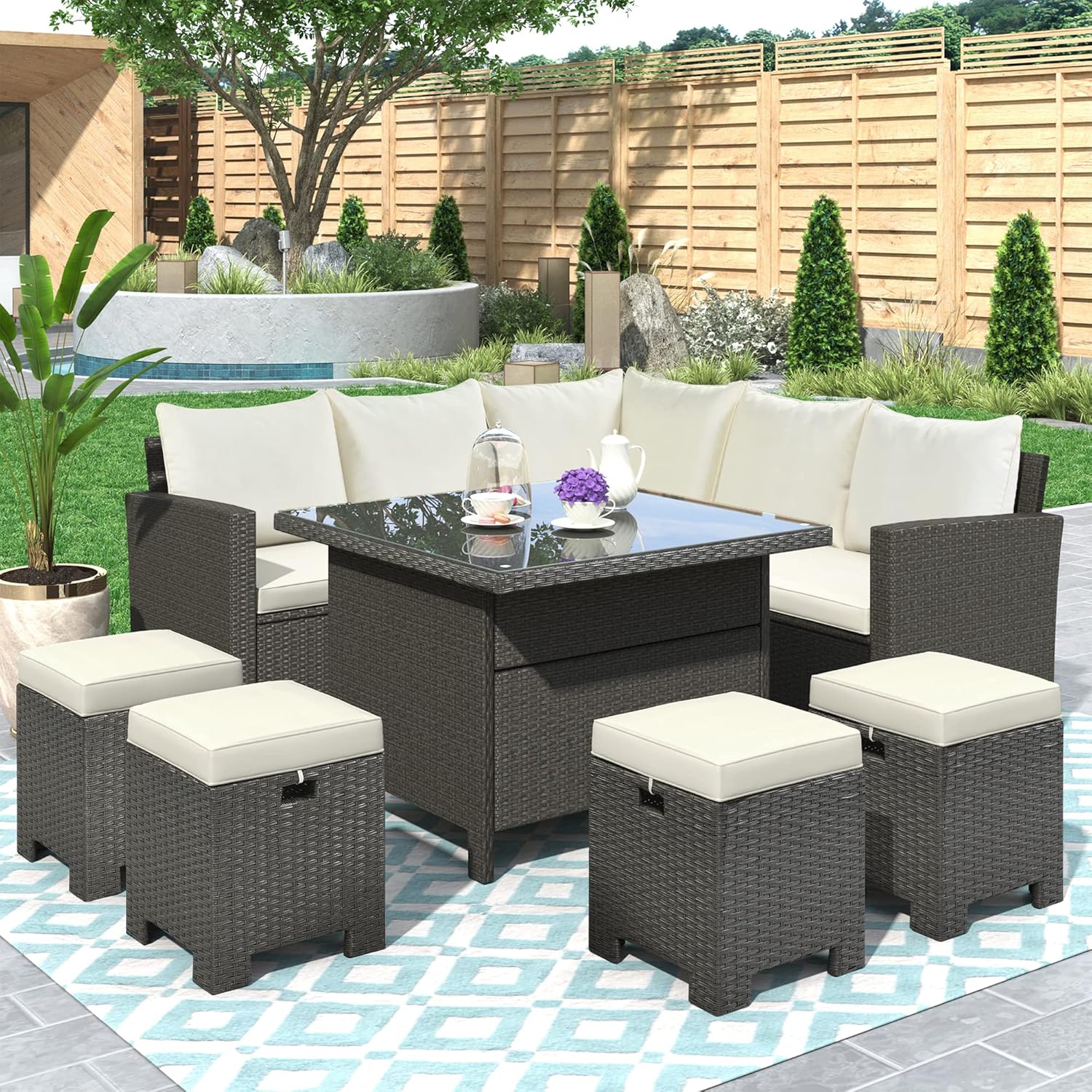 UNIROI 8Piece Patio Furniture, Outdoor Sectional Dining Table Chair with Ottoman, Seat and Back