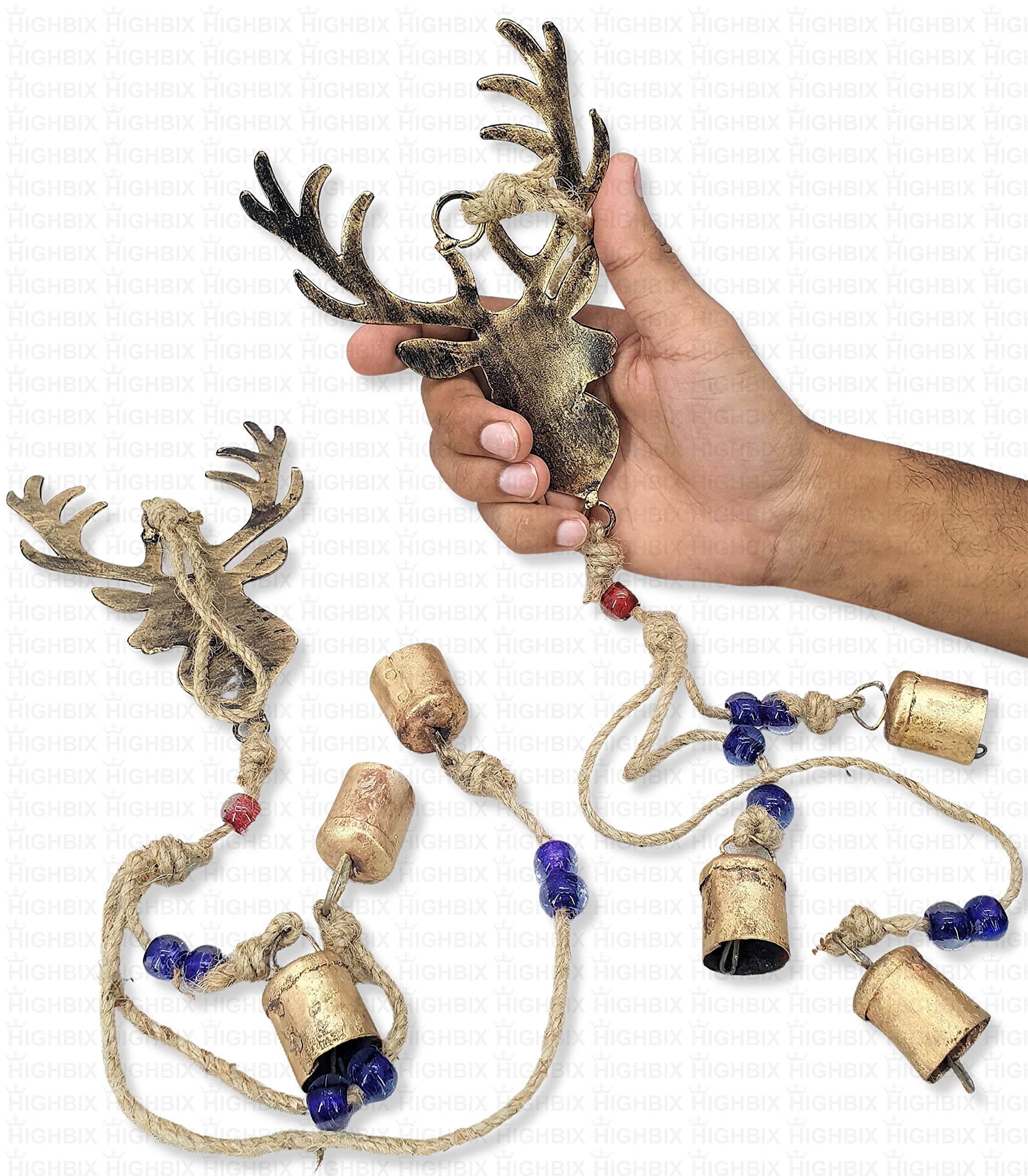 HIGHBIX Iron Rustic Reindeer Shape Handmade Lucky Bells On Rope with Jute Bag Christmas for Hanging Decor - (Golden, 48cm) Set of 2-image-32