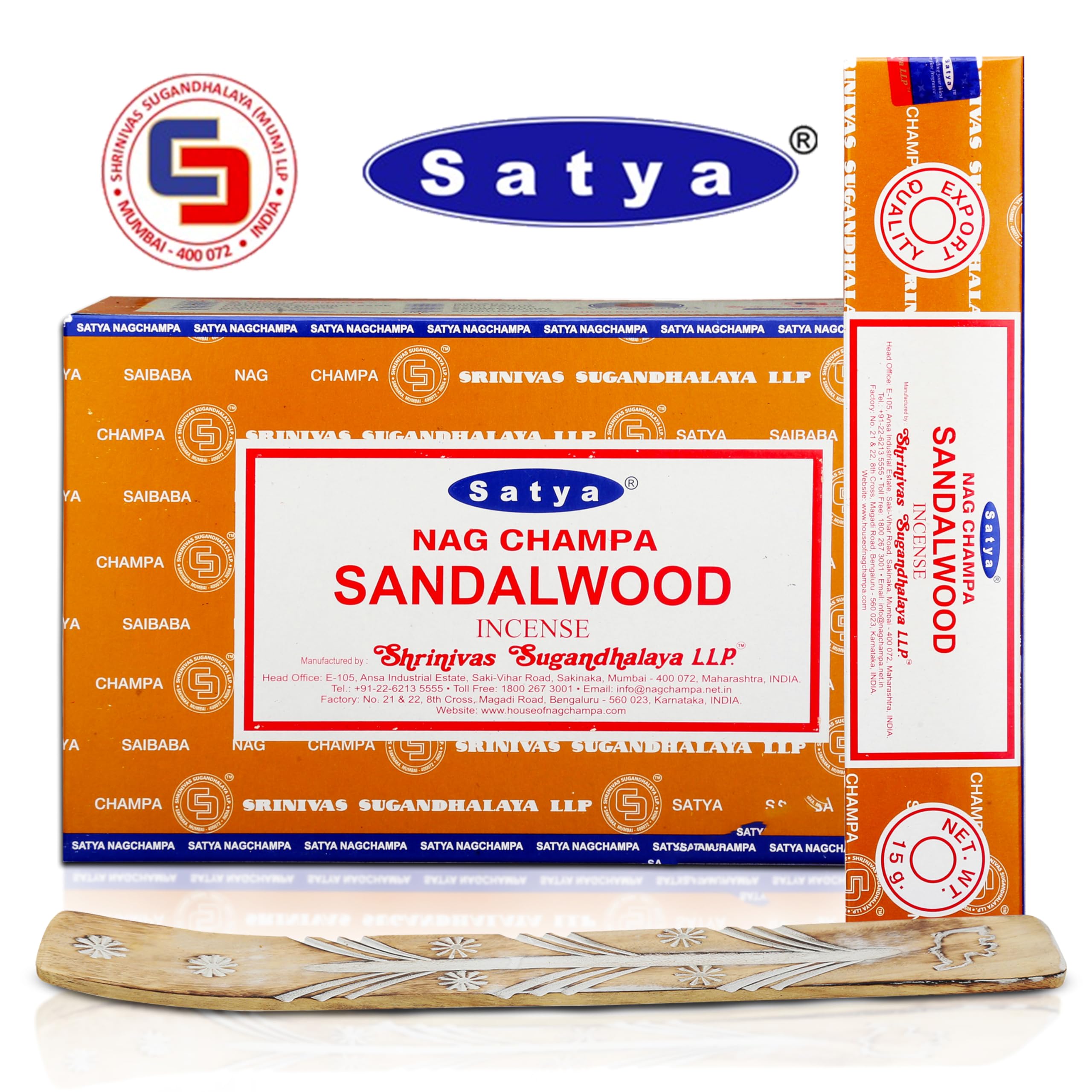 Satya Sandalwood Incense Sticks 180 gm (15GM X 12 Pack) from Satya Sai Baba Nag Champa and Raajsee Incense Sticks Holder Bundle, Free from Chemicals,Natural Insenses