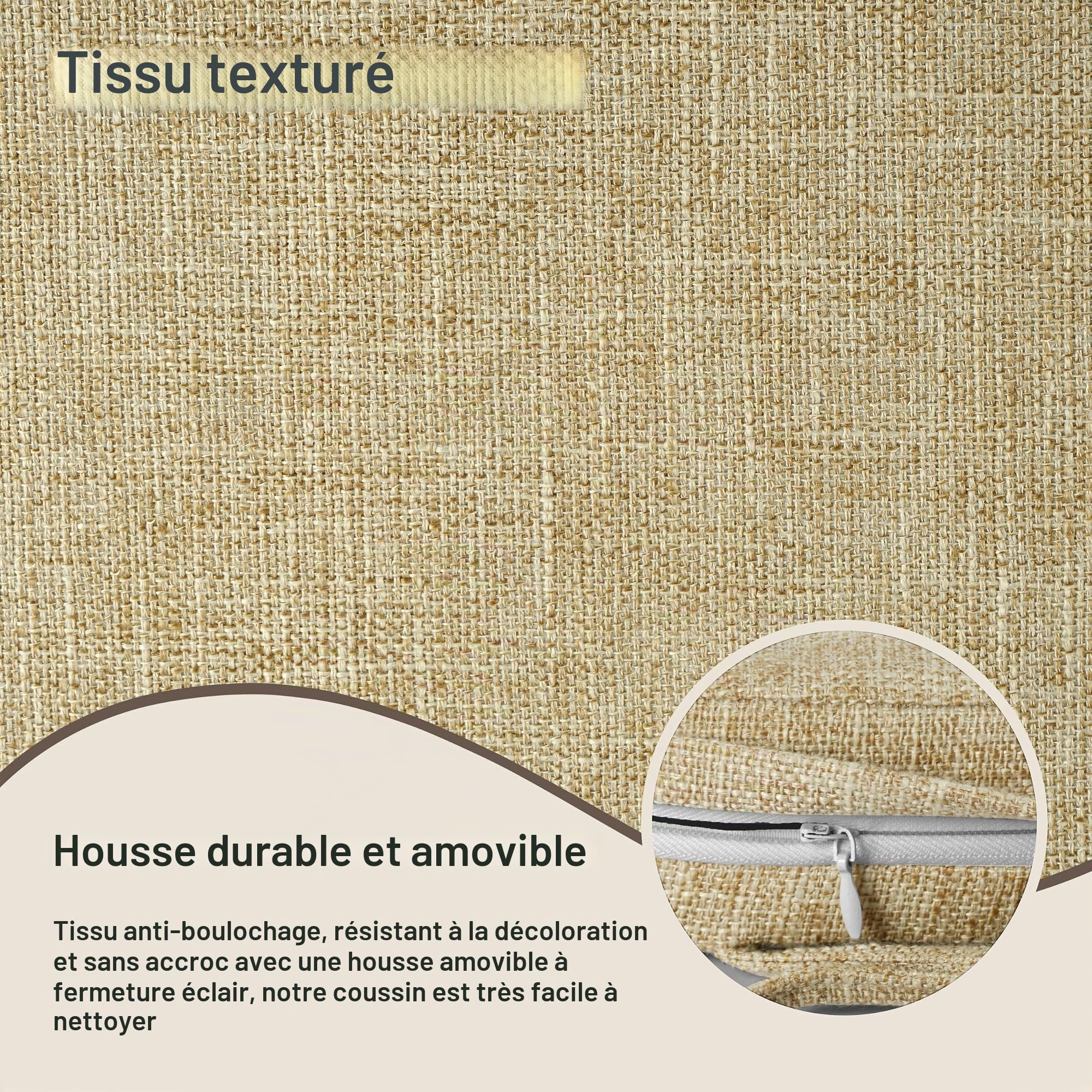 OVOV Lot de 4 coussins de chaise antidérapants texturés épais avec attaches et housse amovible pour chaises de salle à manger en métal (35,5 x 35,5 x 5 cm, beige)