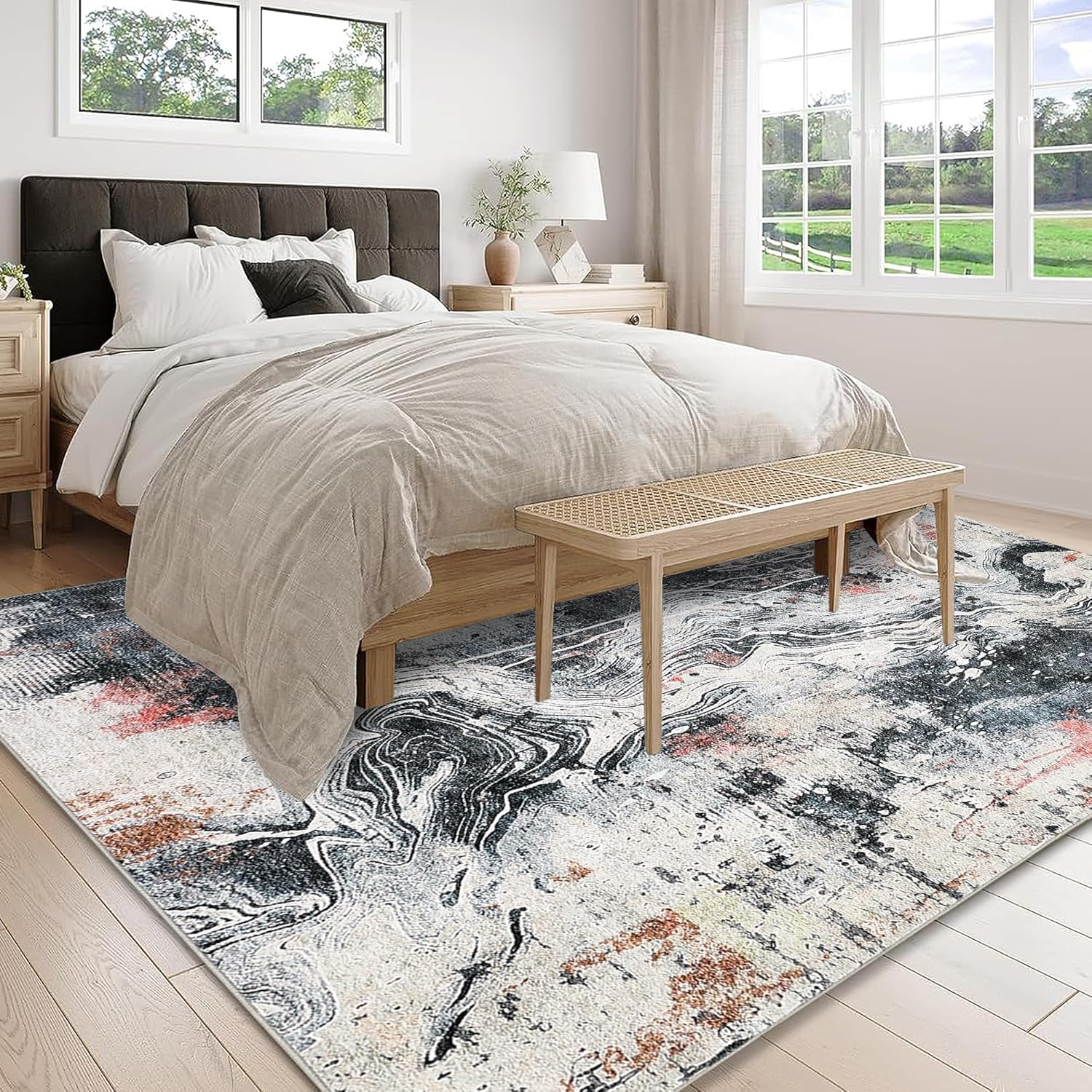 GarveeHome Abstract Rug 4x6 - Large Soft Throw Rugs, Neutral Modern Design, Non-Slip & Stain Resistant, Machine Washable, Foldable Low Pile Area Rug for Living Room, Bedroom, Dining Room.Red & Black