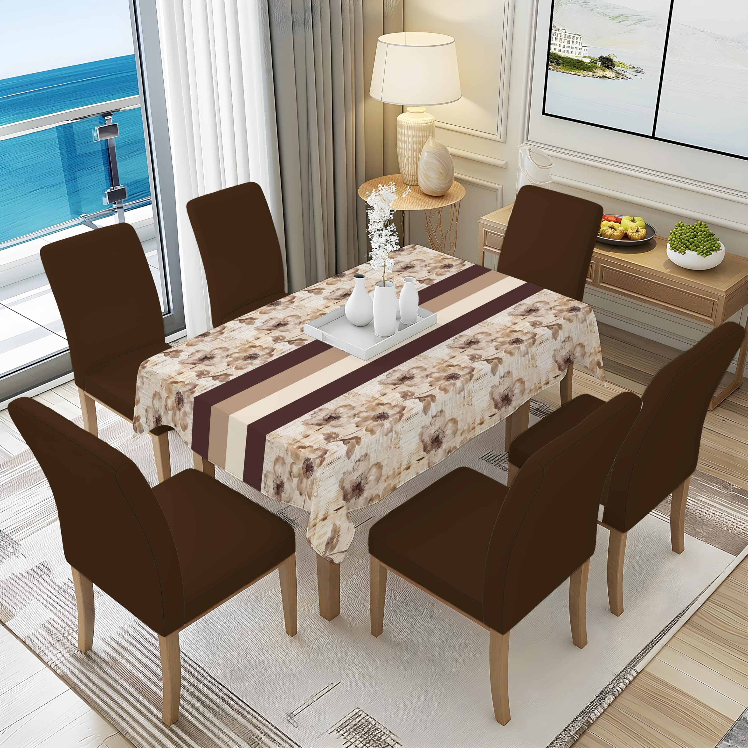 Decorian Polycotton Printed Dining Table Cloth with Dining Chair Covers,Slipcovers (Brown Flower Stripes, 6 Seater Table Cover + 6 Chair Cover)