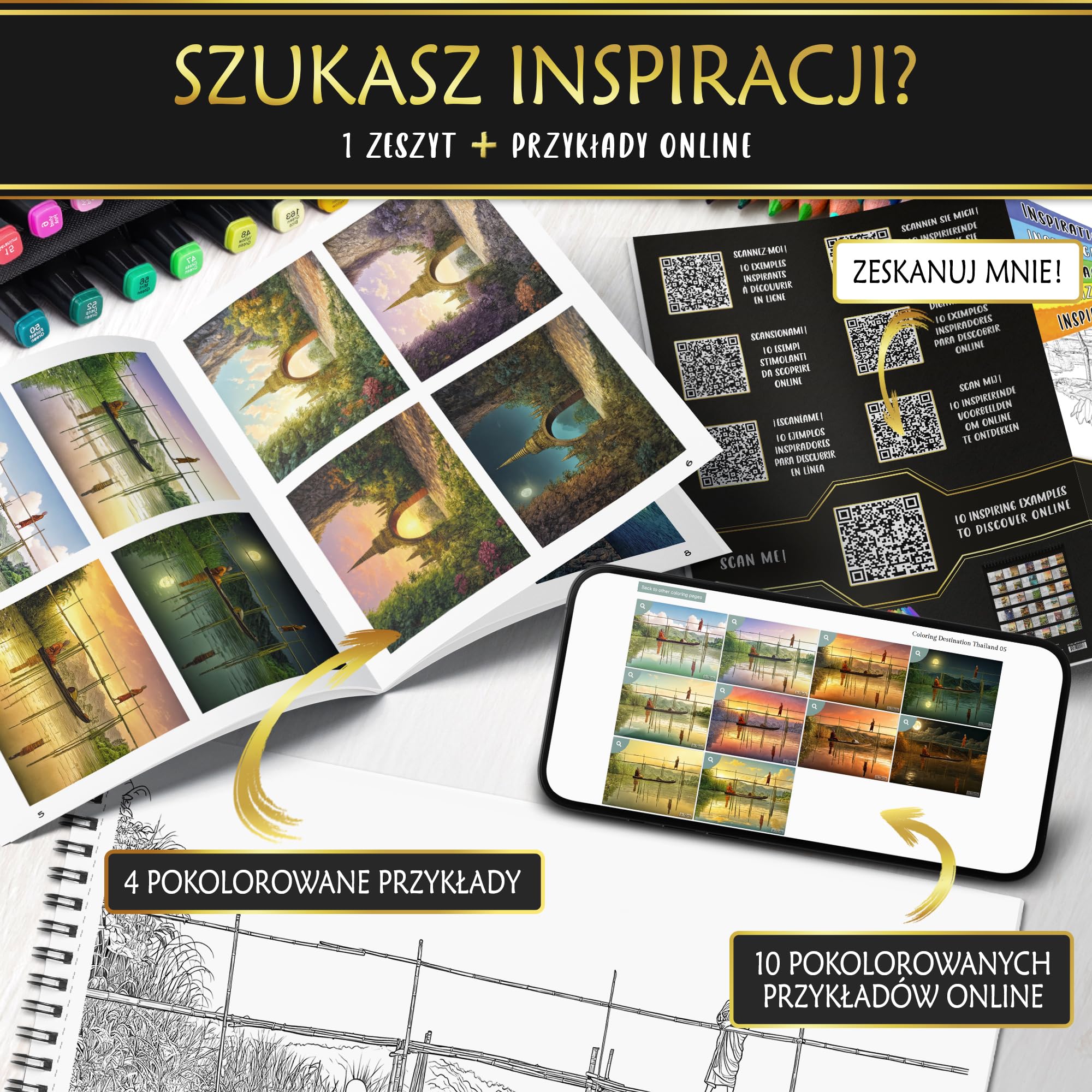 In Textu Kolorowanka dla Dorosłych Destination Thailand, Papier 200 g/m² | Oprawa spiralna, A4, jakość premium, 30 rysunków, 300 kolorowych wzorów, do kredek i markerów akrylowych/alkoholowych/wodnych