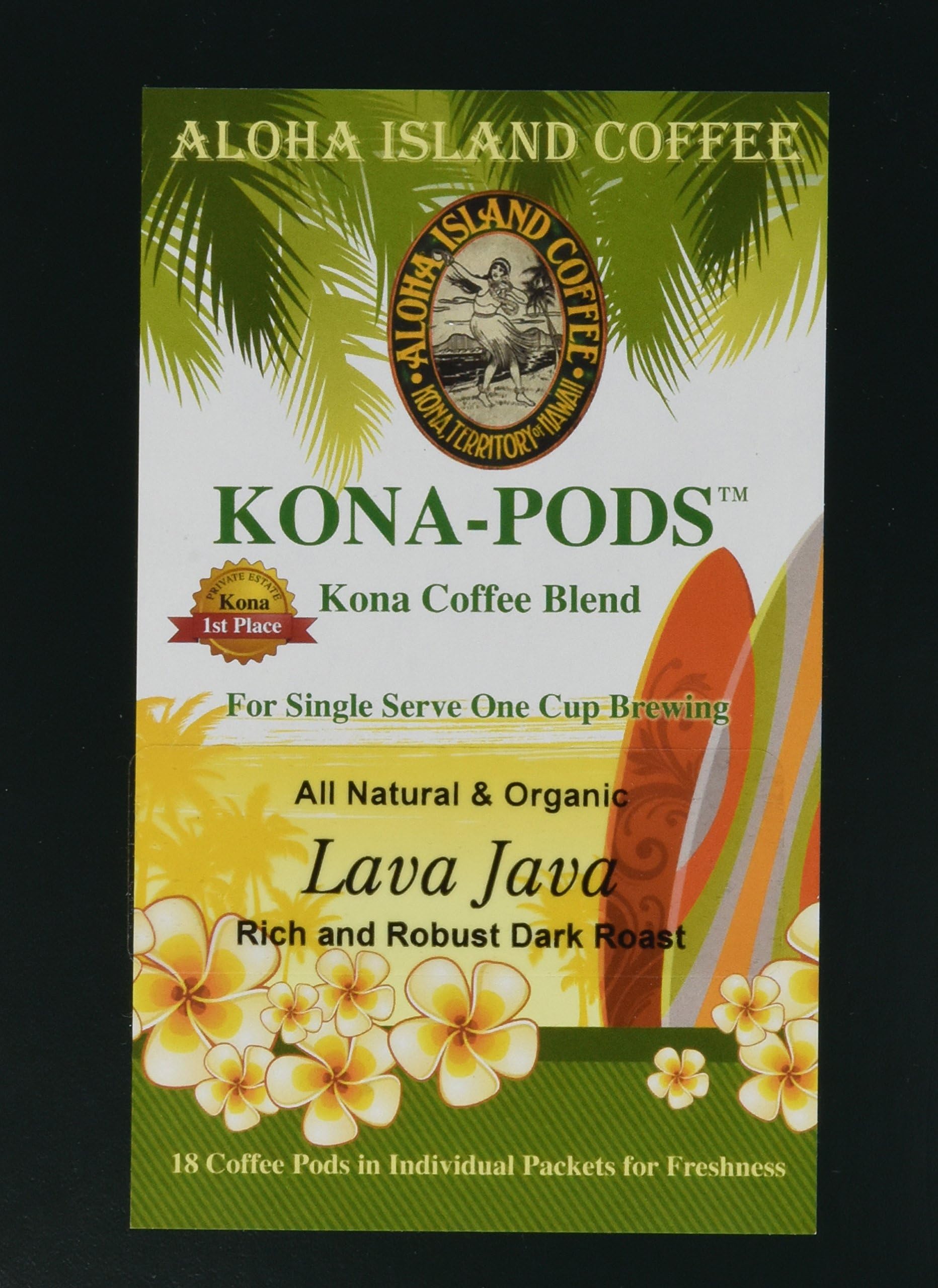 Single Serve Pods of Kona Coffee Blend, Lava Java Dark Roast Coffee for use with All Senseo-type Pod Brewers, 18 Pods, Reusable Adapter Available for use with Keurig K-cup Brewing Systems