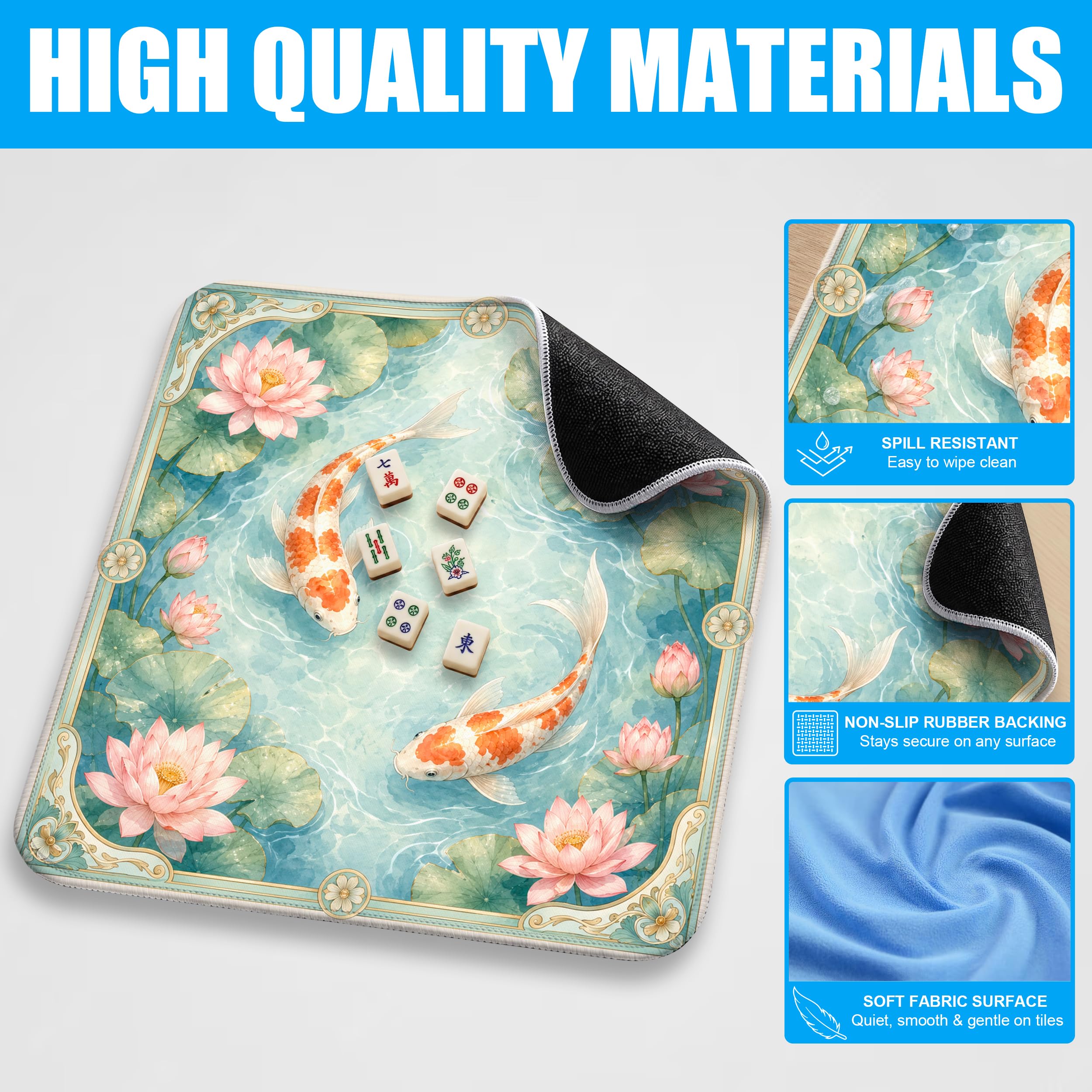 SODAVA Lotus Pond Koi Mahjong Mat 31,5 x 31,5 cm Élégant Jardin aquatique Asiatique Antidérapant Réduction du Bruit Tapis de Table de Jeu pour Mahjong, Jeux de société, Cadeaux pour joueurs de