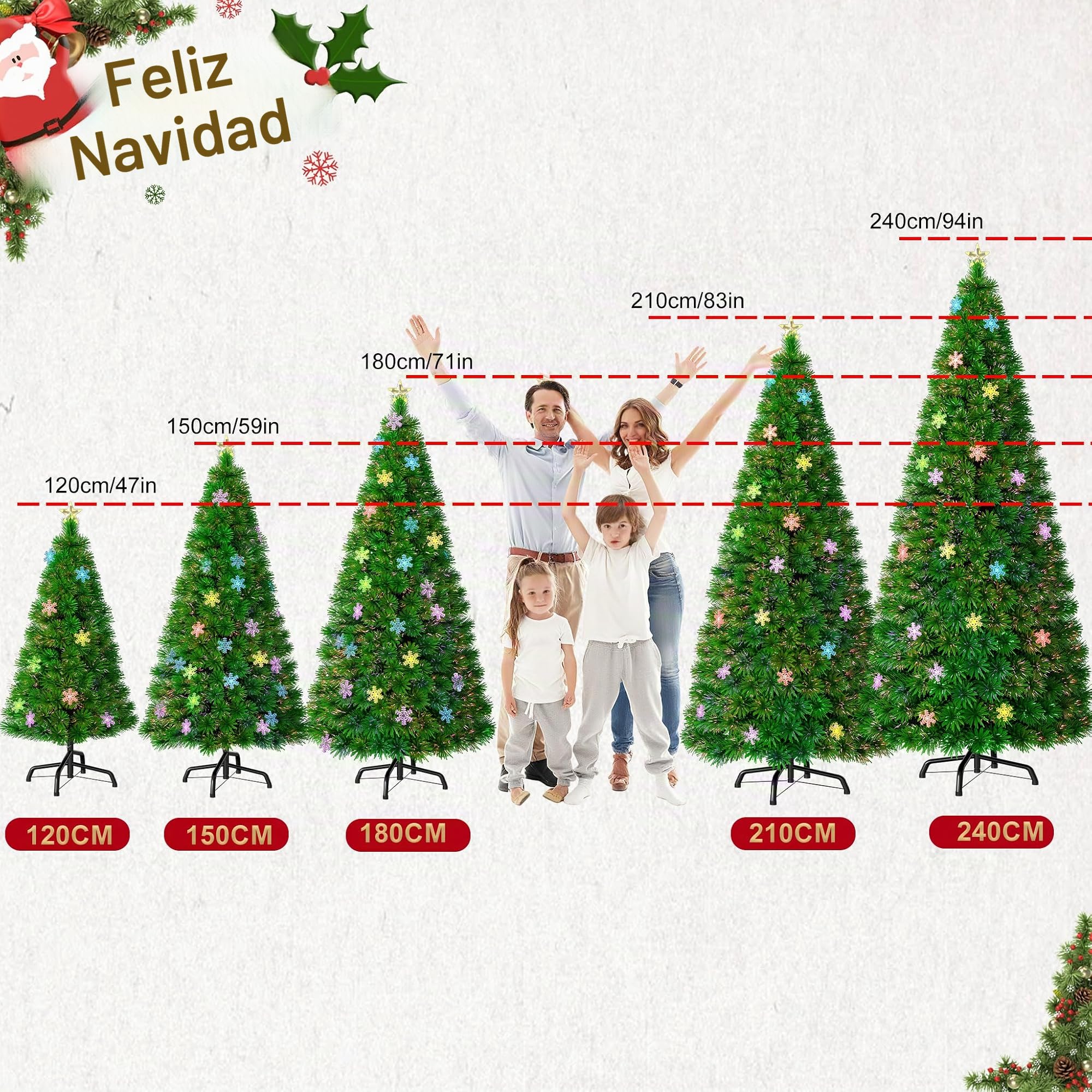 UISEBRT Árbol de Navidad Artificial 240cm con Luces LED - Árbol de Navidad Decorativo con Fibra óptica LED (240cm, Fibra óptica LED Multicolor & Copos de Nieve)