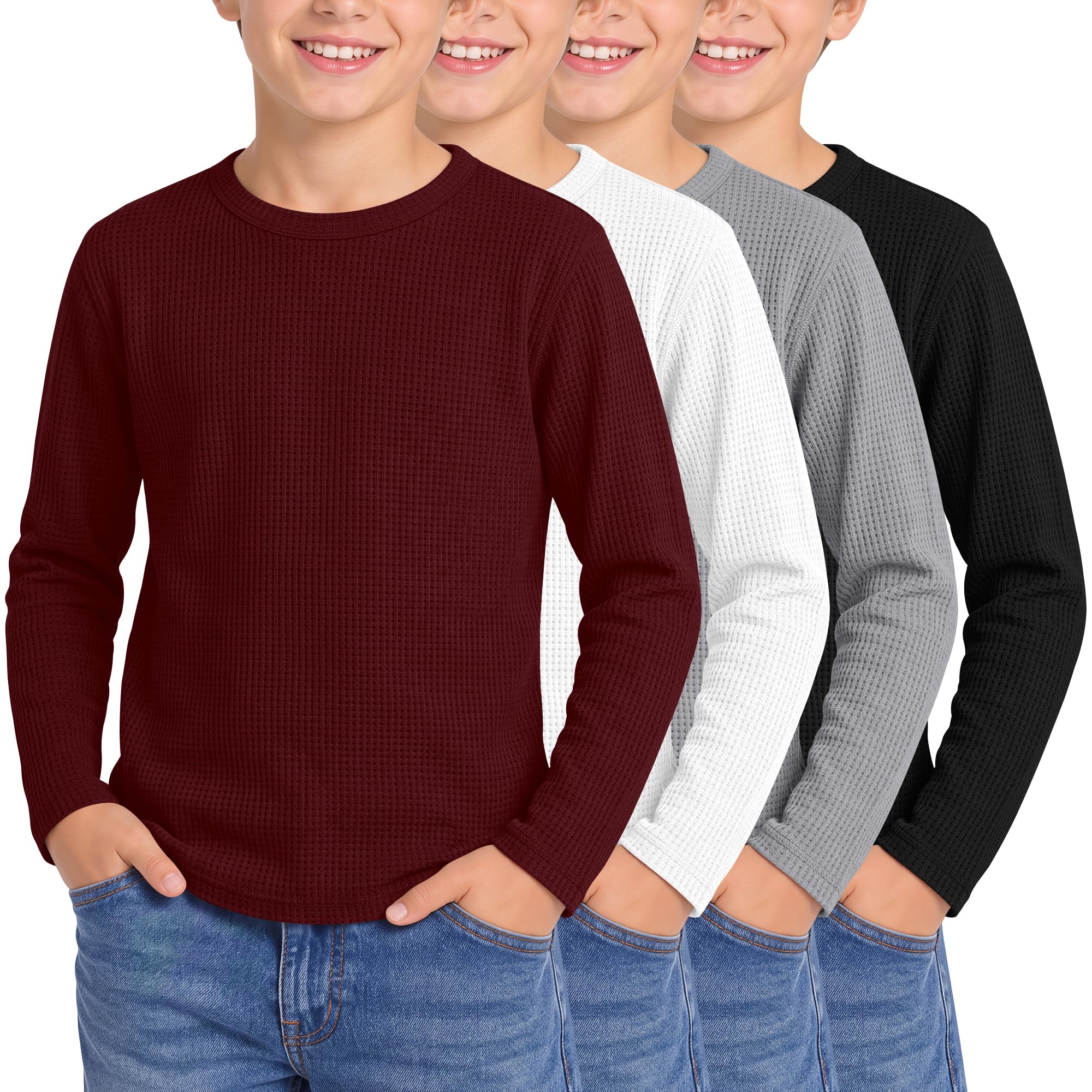 4 Pack Boys Long Sleeve Waffle Knit Thermal Shirts