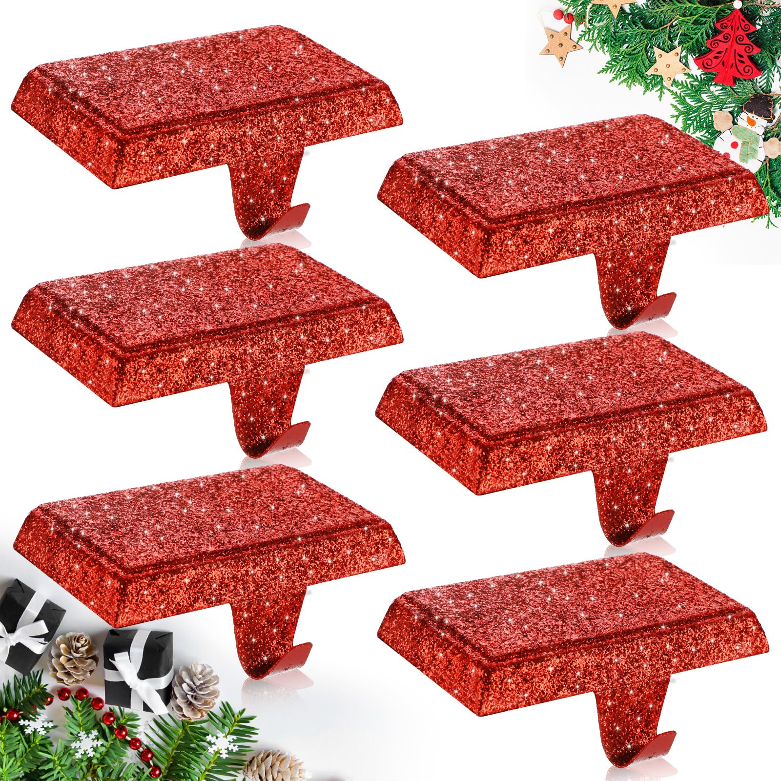 Huwena Christmas Stocking Holders Shiny Mantel Stocking Hangers Fireplace Hangers Glitter Hanging Hooks for Christmas Holiday Fireplace Window Table Supplies (Red,4 Pcs)