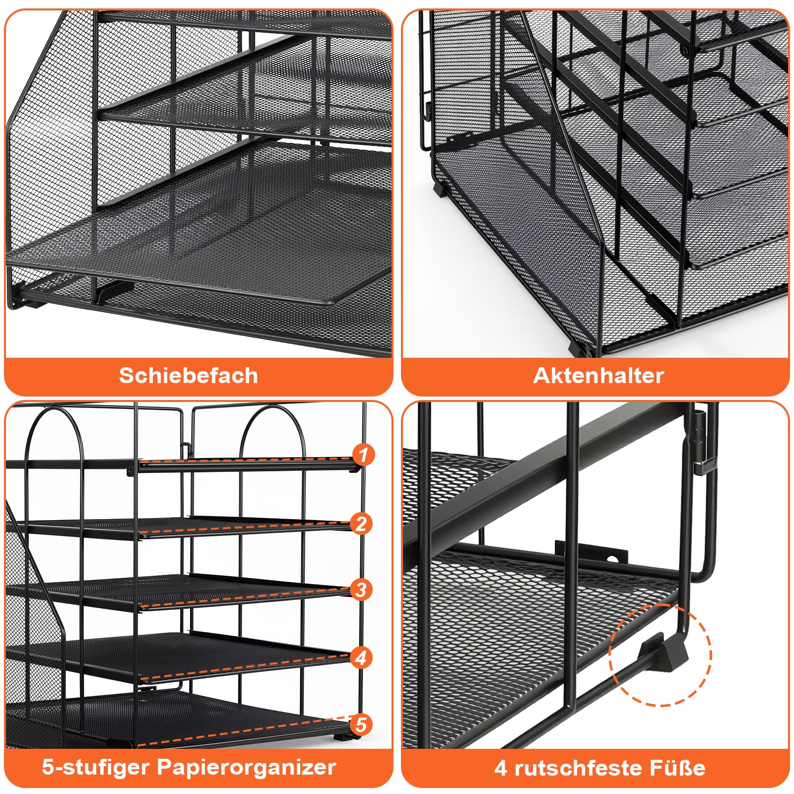 Voency Schreibtisch Organizer mit Aktenhalter, 5 Ebenen Papier Briefablage, Metall Schreibtisch Netz Ablagefächer Organizer für Arbeitszimmer Schule Office Möbel Büro Bedarf Schwarz