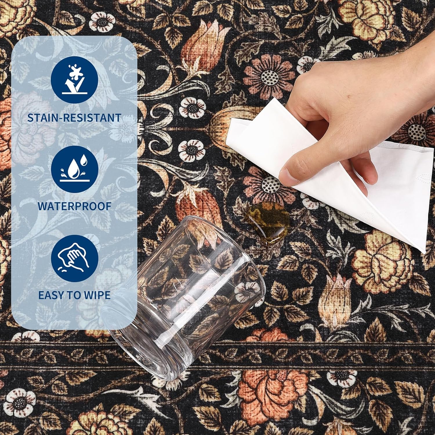 GarveeHome Brown Vintage Floral Washable Rugs 5x7 for Living Room Black Boho Botanical Retro Rug Low Pile Stain Resistance Non Slip Carpet for Bedroom Nursery Dining Room - Image 7