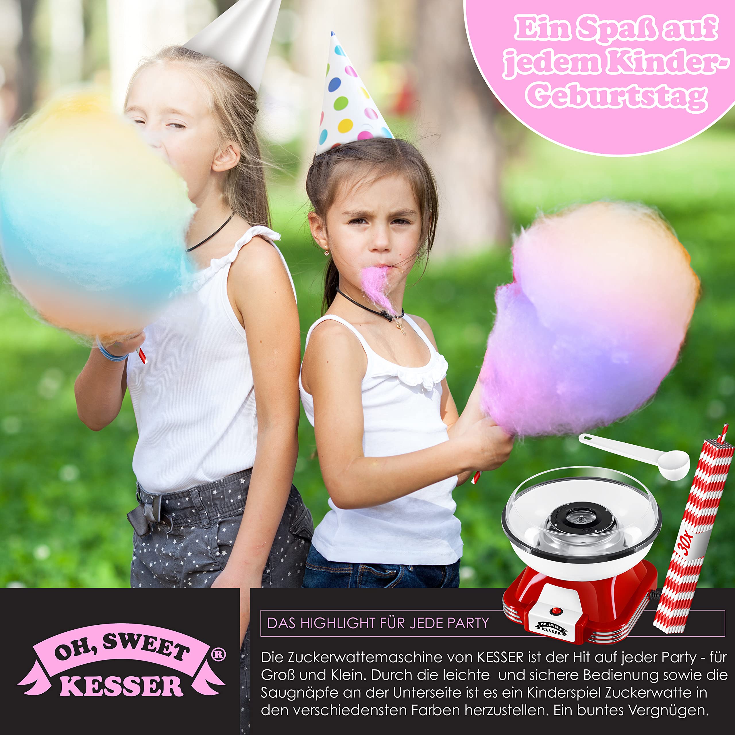 KESSER Zuckerwattemaschine 500 W 22 cm Retro Cotton Candy Machine Set mit Stäbchen & Messlöffel Rot Weiß