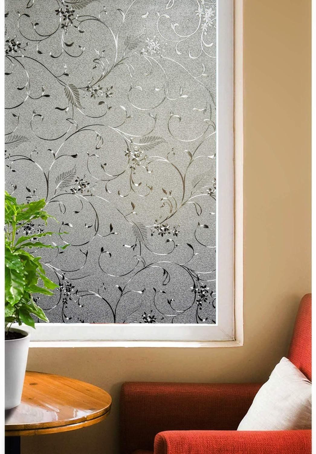 Designer Elegant Flower Decorative Film, Self Static Adhesive Cling, 35.5 inches by 72 inches