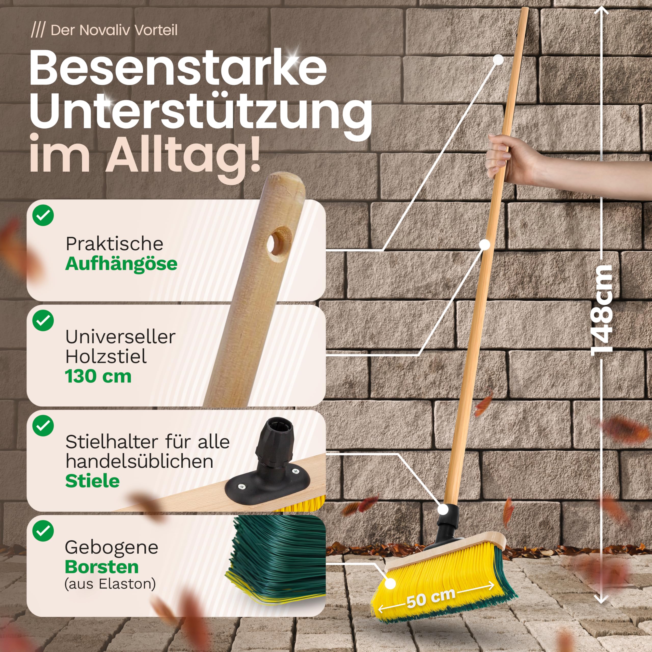 Novaliv Premium Krallenbesen mit Stiel 50cm inkl. Jumbo Kehrgarnitur, Spezialbesen gebogenen Borsten - Ideal als Gartenbesen, Kratzbesen, Kunstrasen Besen, Optimal für Camping, Straßenbesen Kehrbesen