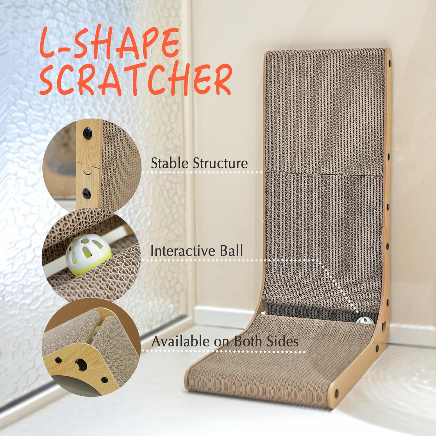 review Cat Scratcher, Cat Scratching Board, L Shape Cat Scratch Pad for Indoor Cats, Floor Mounted Scratching Cardboard with Ball Toy