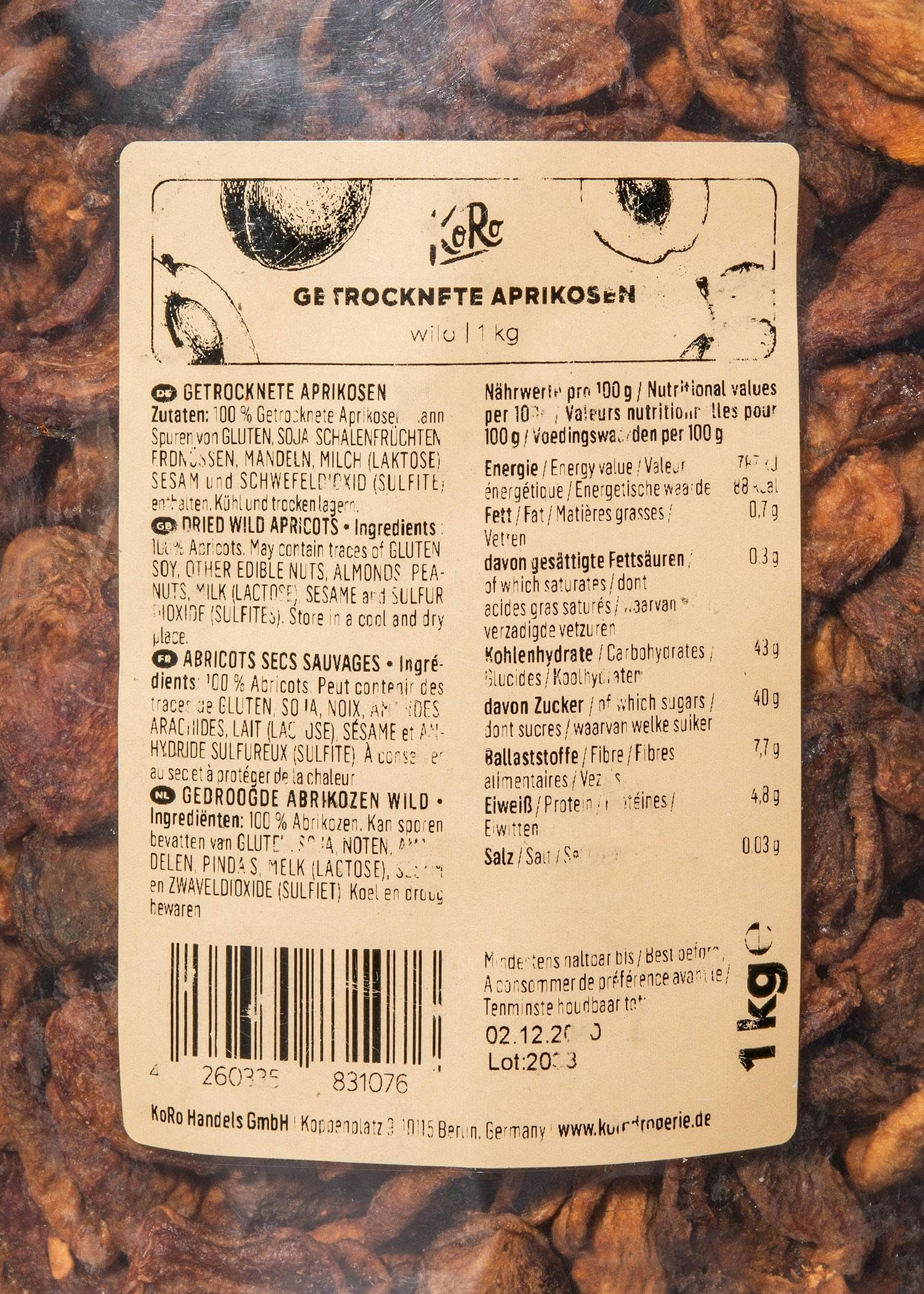KoRo - Albicocche selvatiche essiccate 1 kg - Frutta secca naturale senza zucchero aggiunto e non solforata