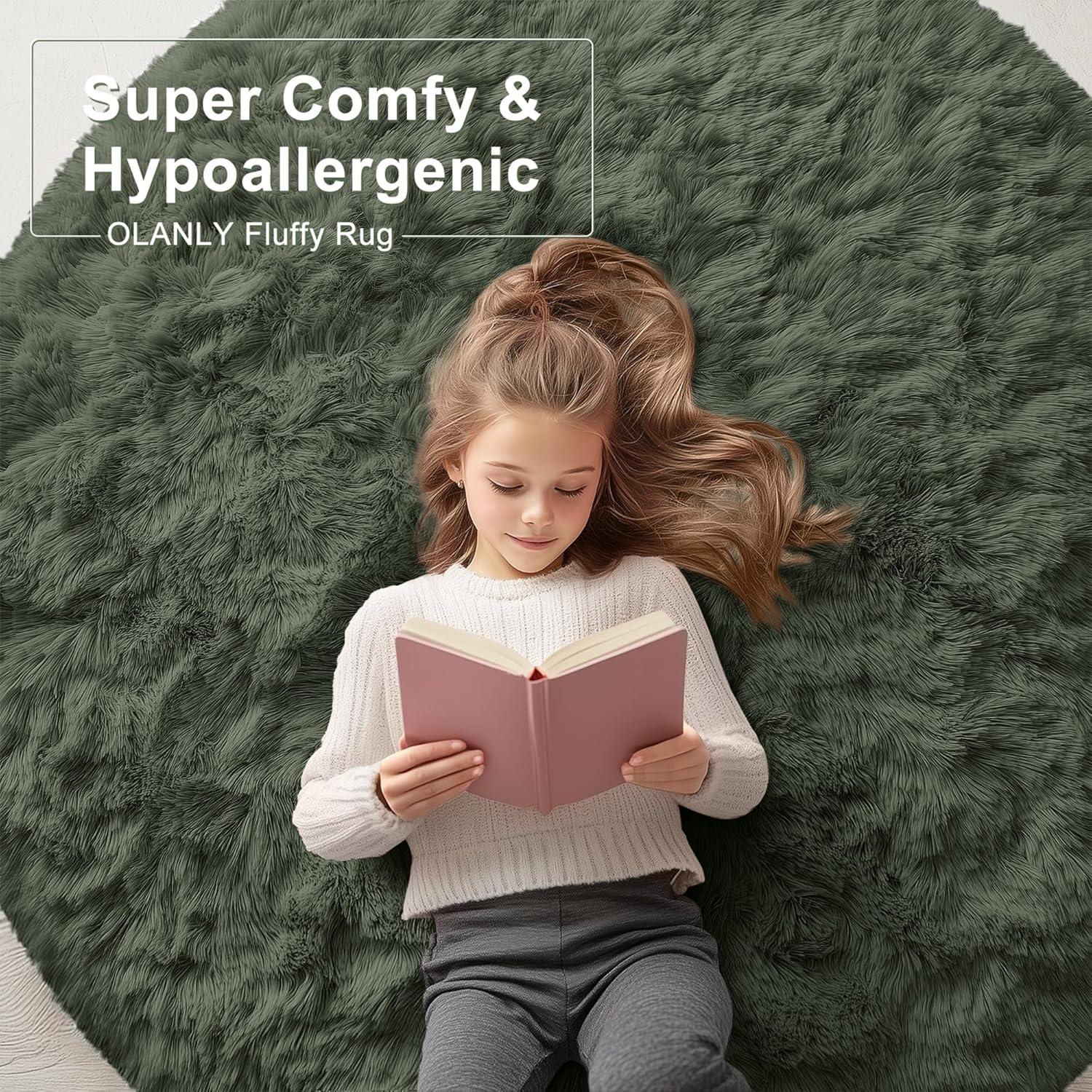 OLANLY Olive Green Round Rugs for Bedroom - Machine Washable, 2 ft Circle Area Rugs for Living Room, Soft and Fluffy Shaggy Carpet for Teen Girl and Boys, Nursery Rooms, Dorms, Home Decor Aesthetic thumbnail