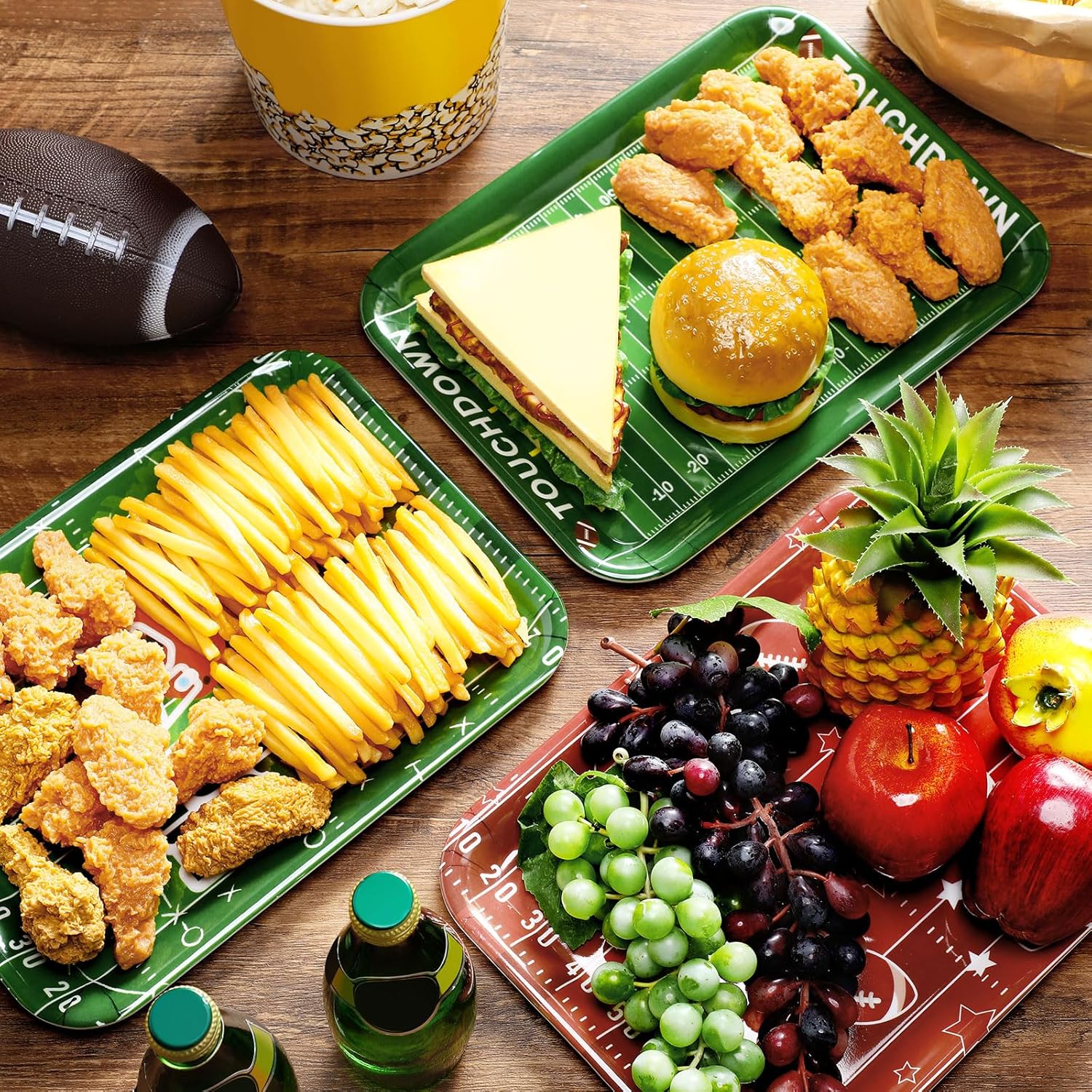 4 Pieces Serving Trays Melamine Platters Reusable Rectangle Party Trays for Theme Party Food Dessert Serving Supplies, 13 x 9.7 inch(Green,Football)