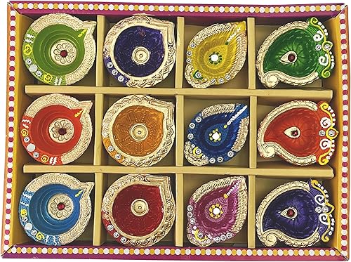 Paquete de 12 Diwali Diya Earther Clay Diya colorido hecho a mano Diyas Diwali Artículos de regalo para familiares amigos corporativos Diya para