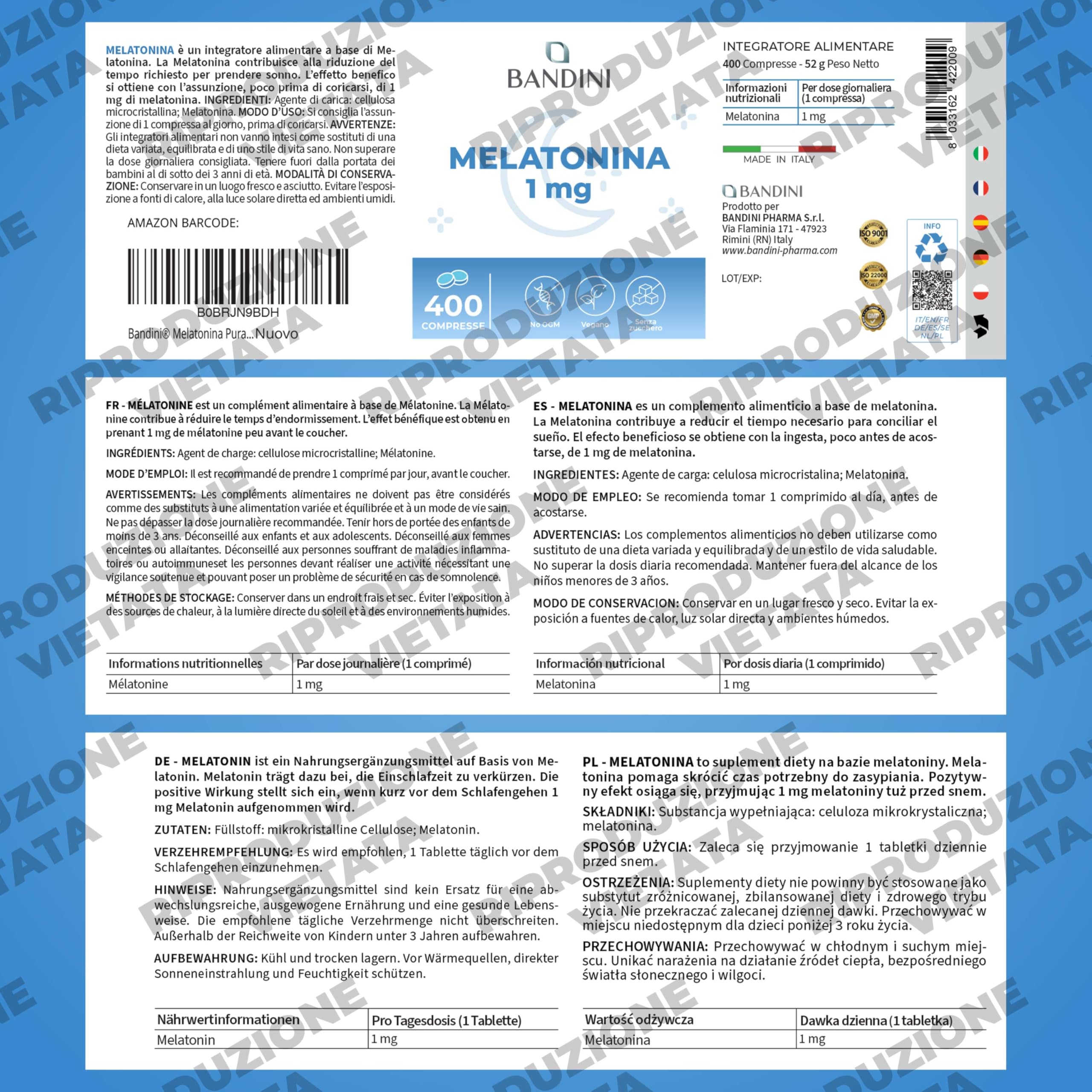 Bandini® Melatonina Forte Pura, 400 Compresse (Scorta + 1 anno), Integratore per Dormire 1mg per Compressa, Facile da Deglutire, Migliora la Qualità del Sonno Regolando il Ciclo Sonno-Veglia, Vegana