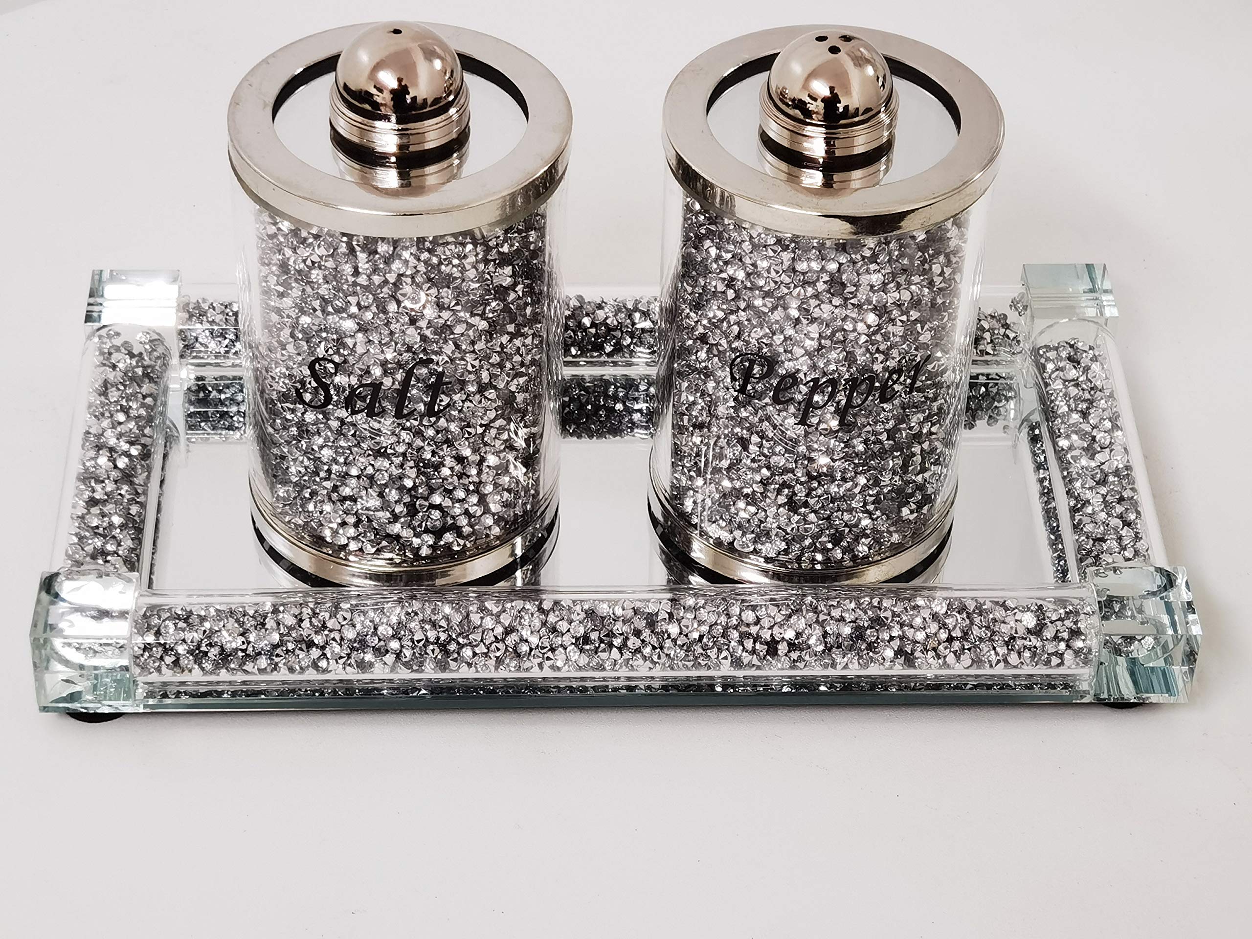 Biznest Set Of Diamond Crushed Salt Pepper Jars & Mirrored Crystal Candle Plate 39X18Cm Elegant Addition To Your Home- Best Gift